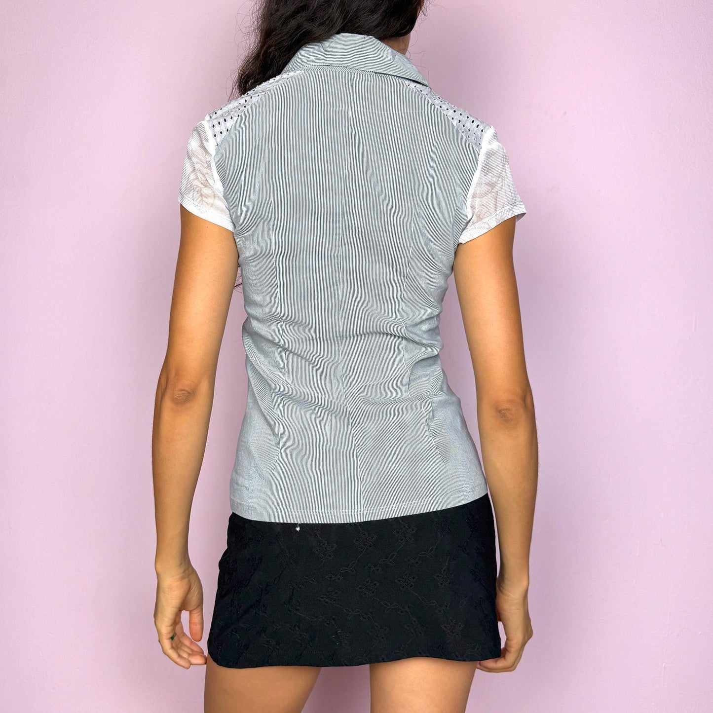 Vintage Y2K Graphic Landscape Collared Mesh Top – Size M