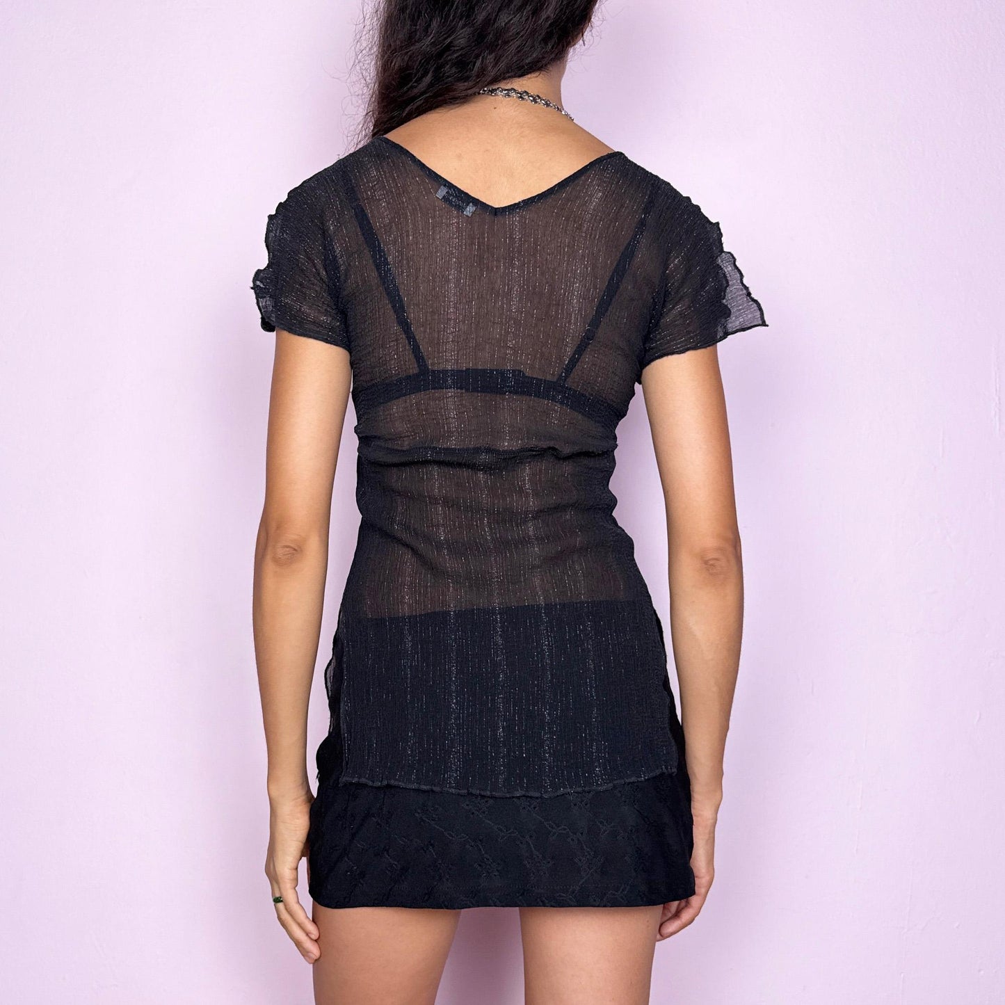 Vintage Y2K Black Crinkle Sequin Sheer Top – Size S