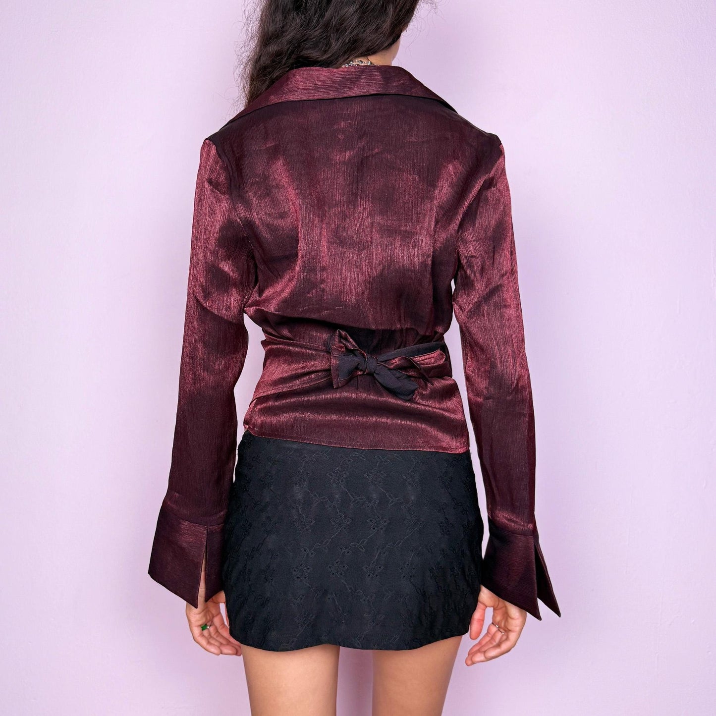 Vintage Y2K Burgundy Shimmer Iridescent Tie Back Wrap Blouse – Size M