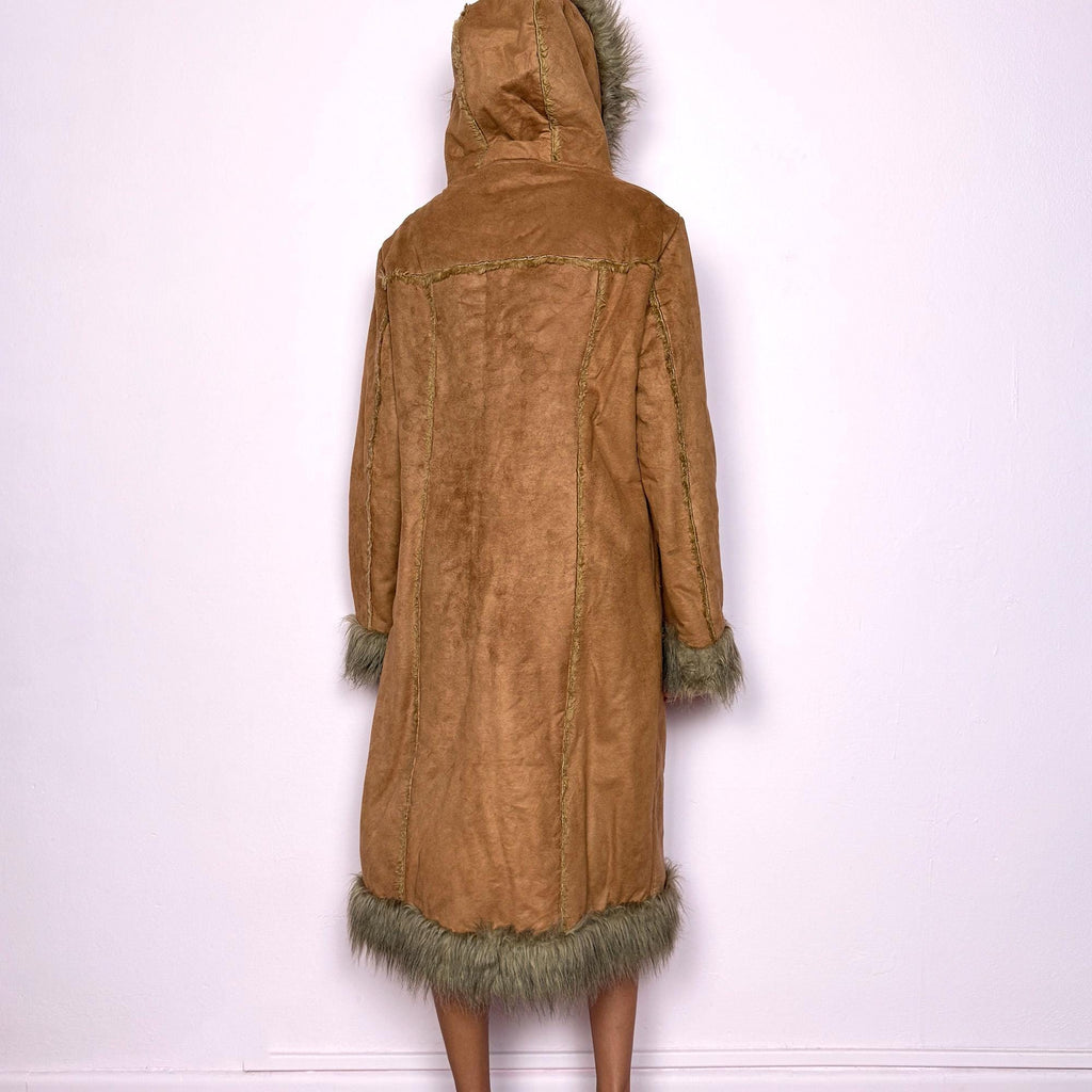 Vintage Y2K Brown Afghan Faux Fur Hooded Long Penny Lane Coat – Size M