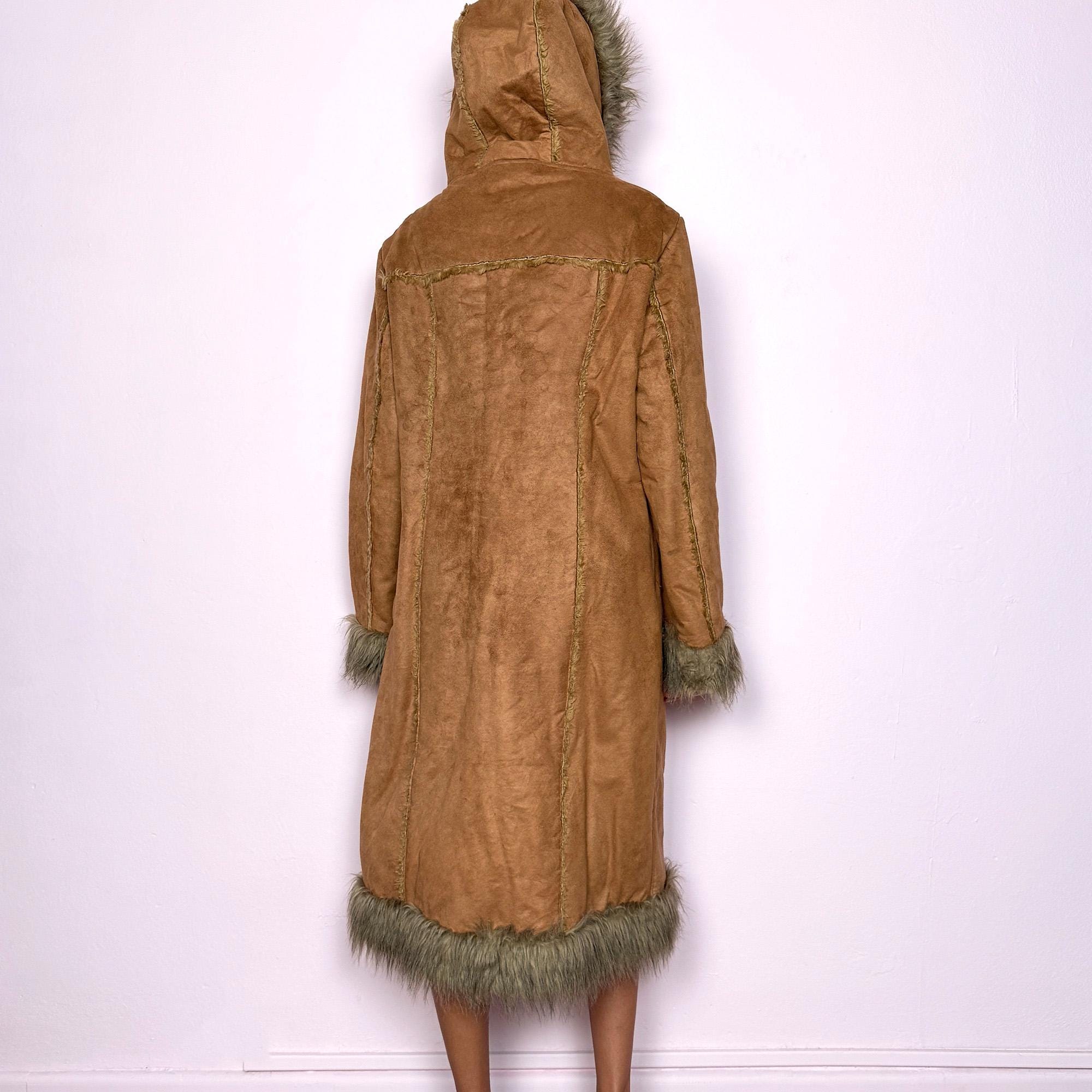 Vintage Y2K Brown Afghan Faux Fur Hooded Long Penny Lane Coat – Size M