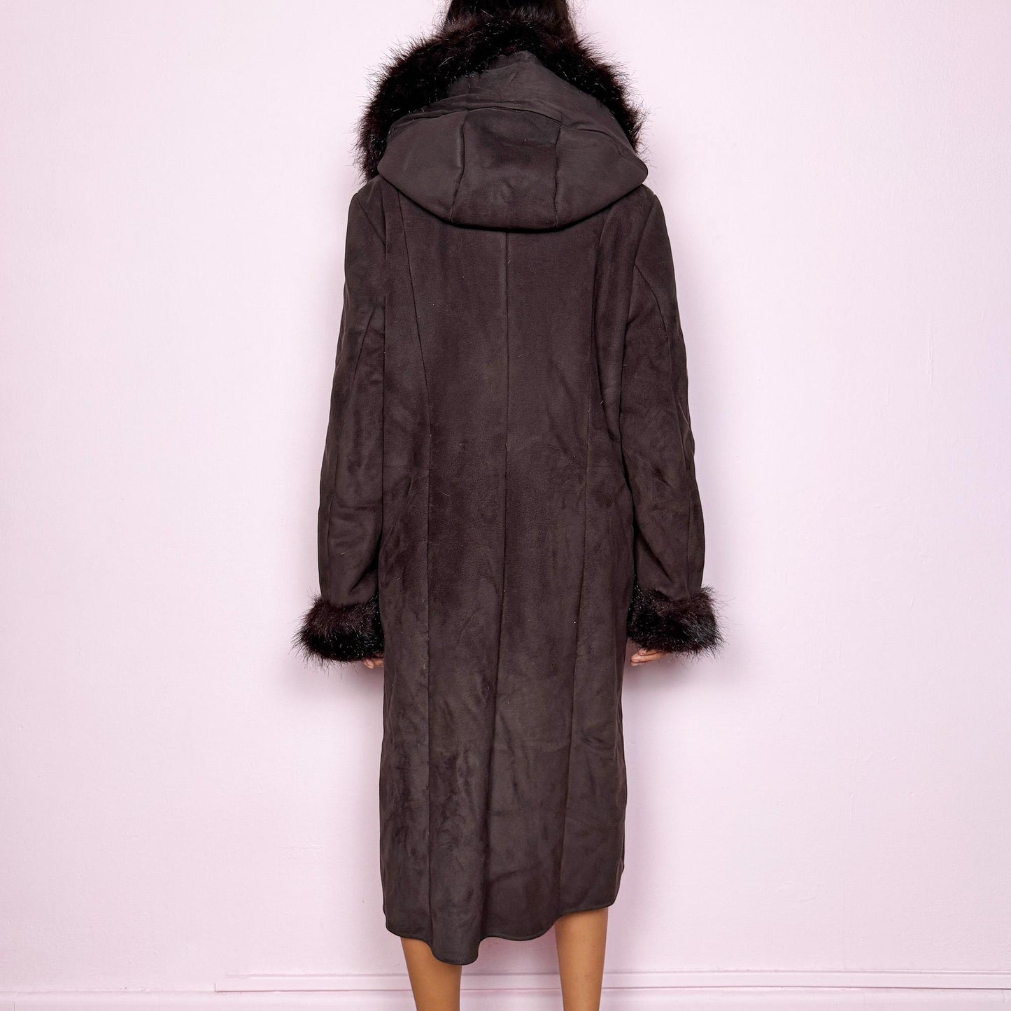 Vintage Y2K Brown Faux Fur Hooded Long Penny Lane Coat – Size L