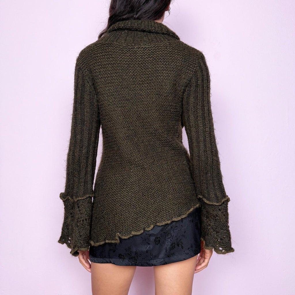 Vintage Y2K Khaki Wrap Bell Sleeve Asymmetric Open Knit Cardigan – Size S