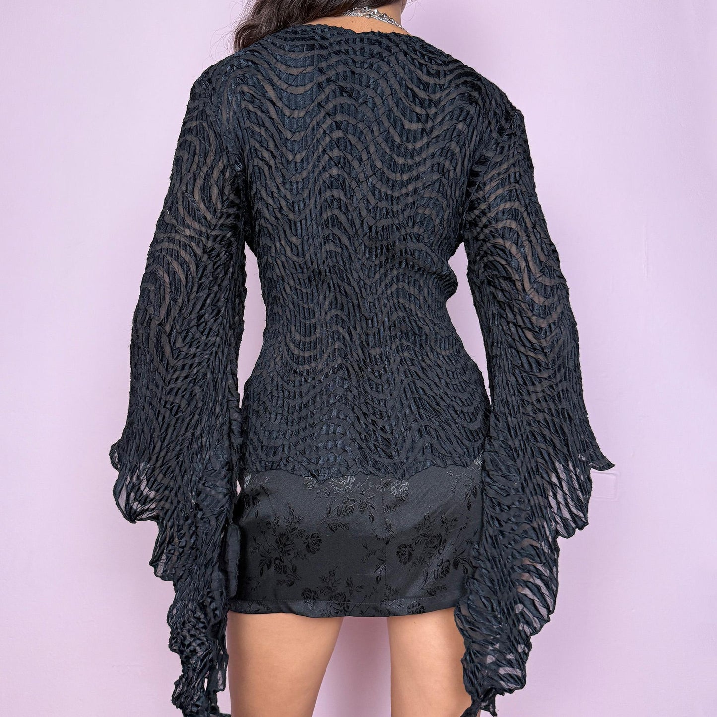 Vintage Y2K Black Burnout Textured Sheer Bell Sleeve Top – Size M