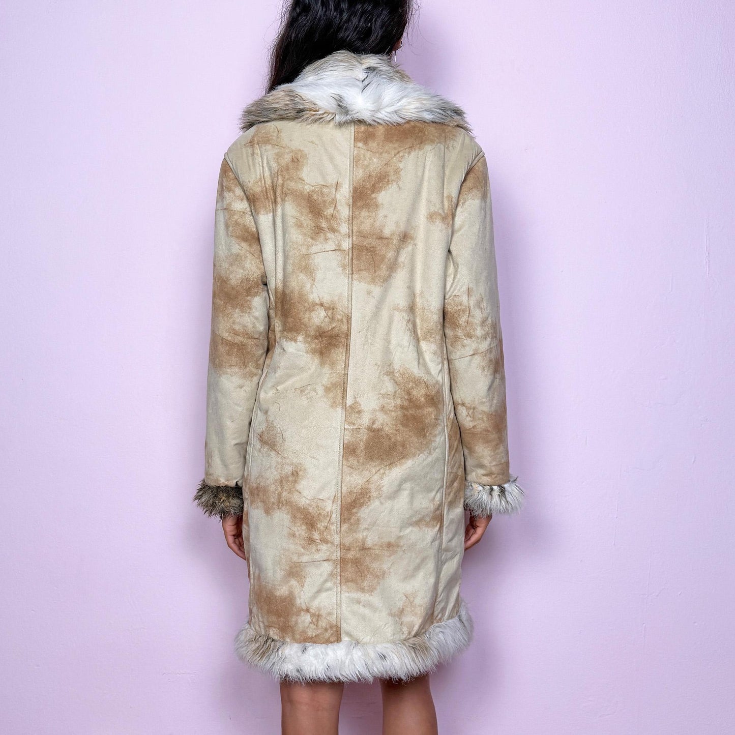 Vintage Y2K Beige Faux Fur Suede Tie Dye Penny Lane Coat – Size L