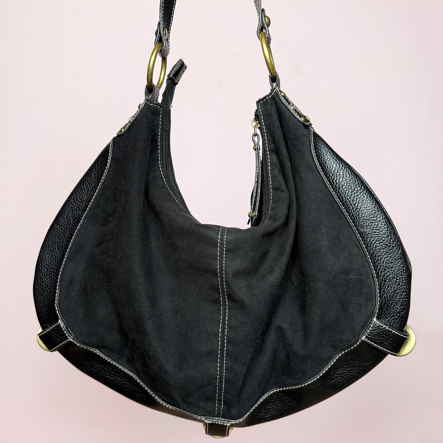 Vintage Y2K Black Faux Suede Studded Rhinestone Hobo Shoulder Bag