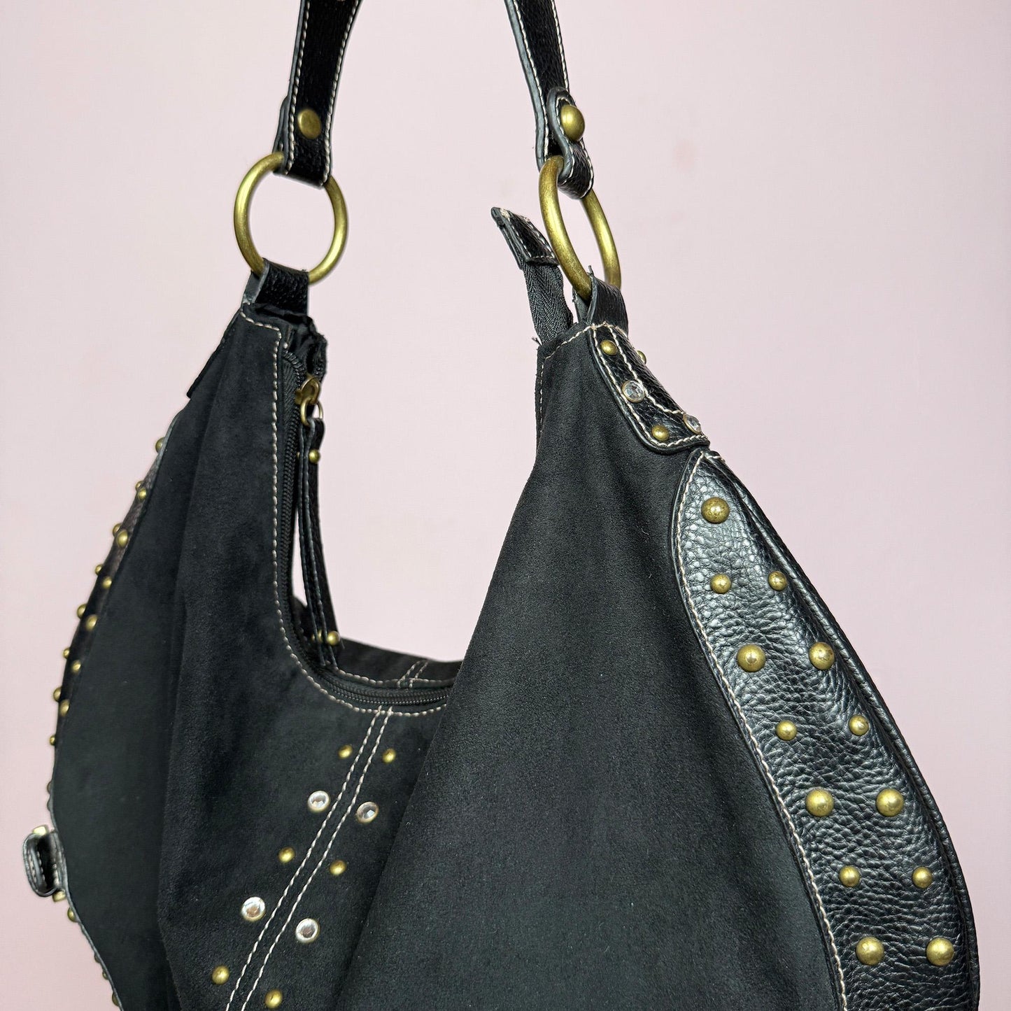 Vintage Y2K Black Faux Suede Studded Rhinestone Hobo Shoulder Bag