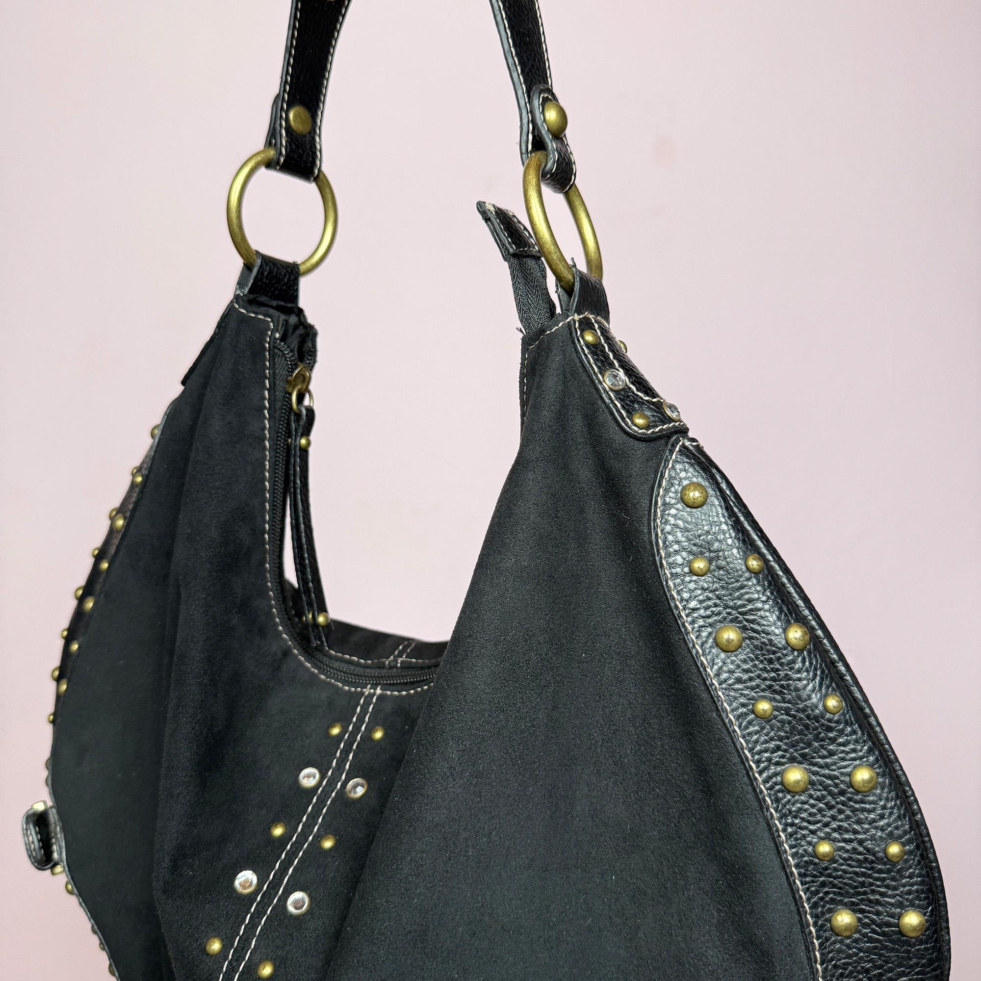 Vintage Y2K Black Faux Suede Studded Rhinestone Hobo Shoulder Bag
