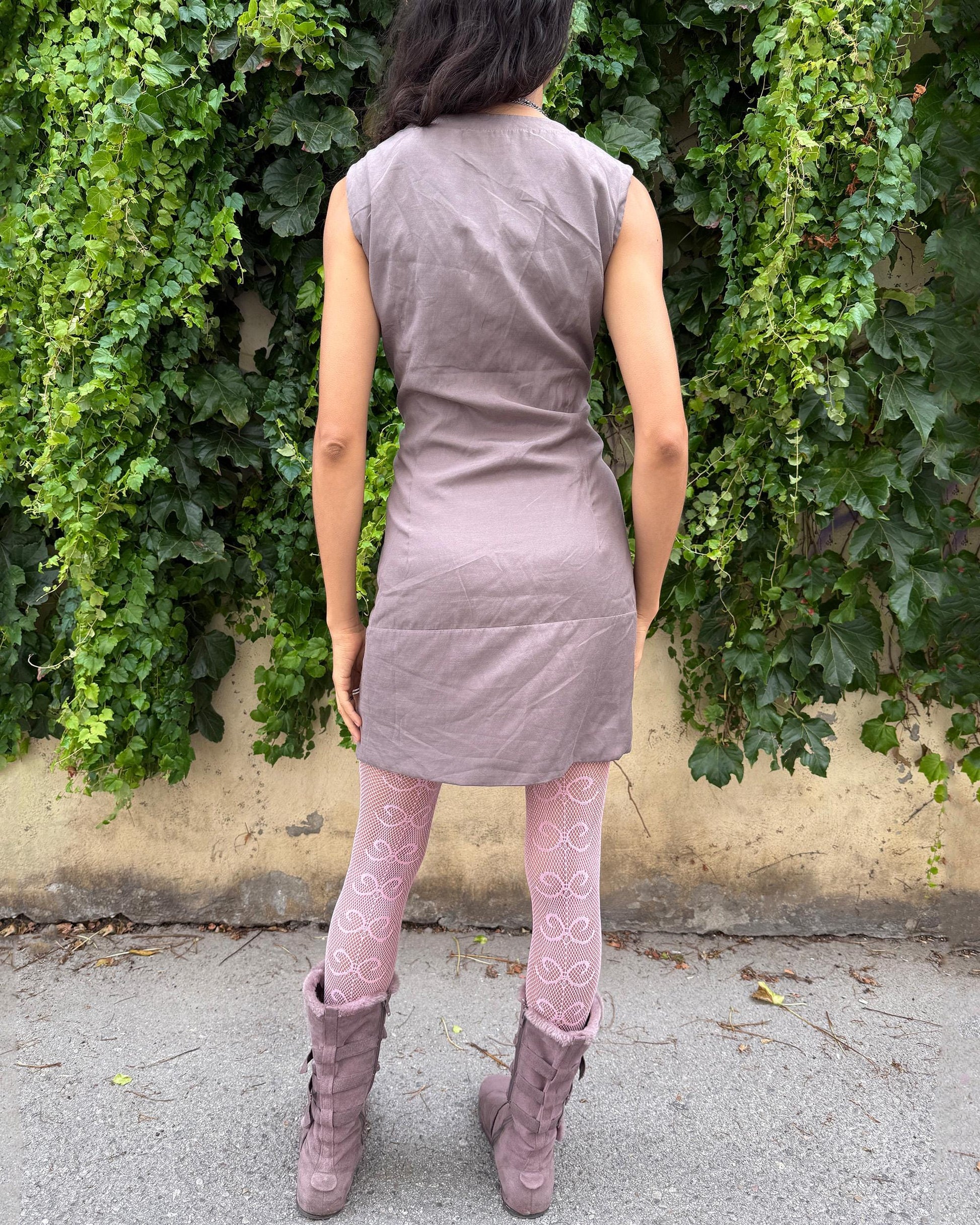 Vintage Y2K Brown Dress, Draped Cowl Neck Mini Taupe 2000s – Size L