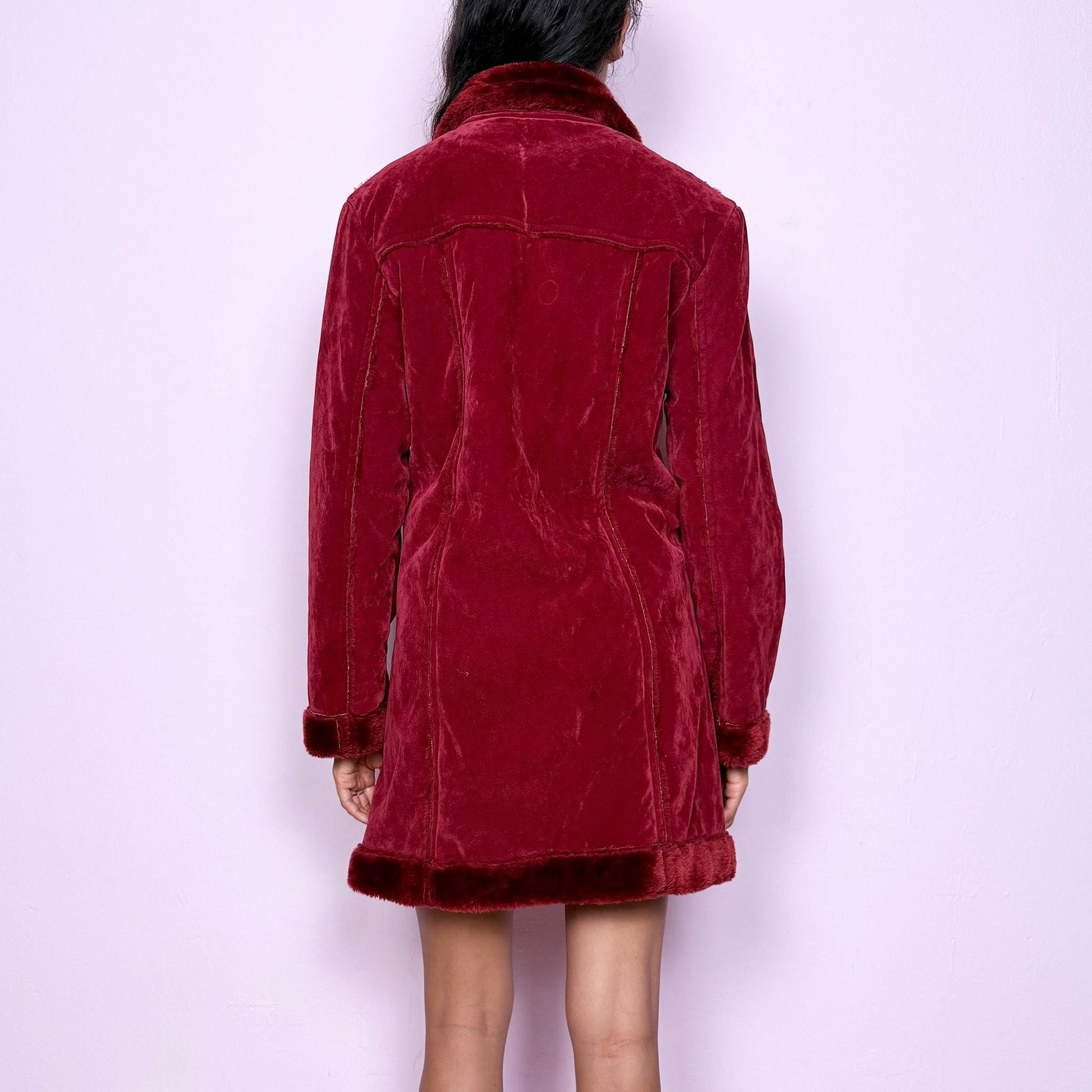 Vintage Y2K Penny Lane Coat, Red Faux Suede Fur 2000s – Size M