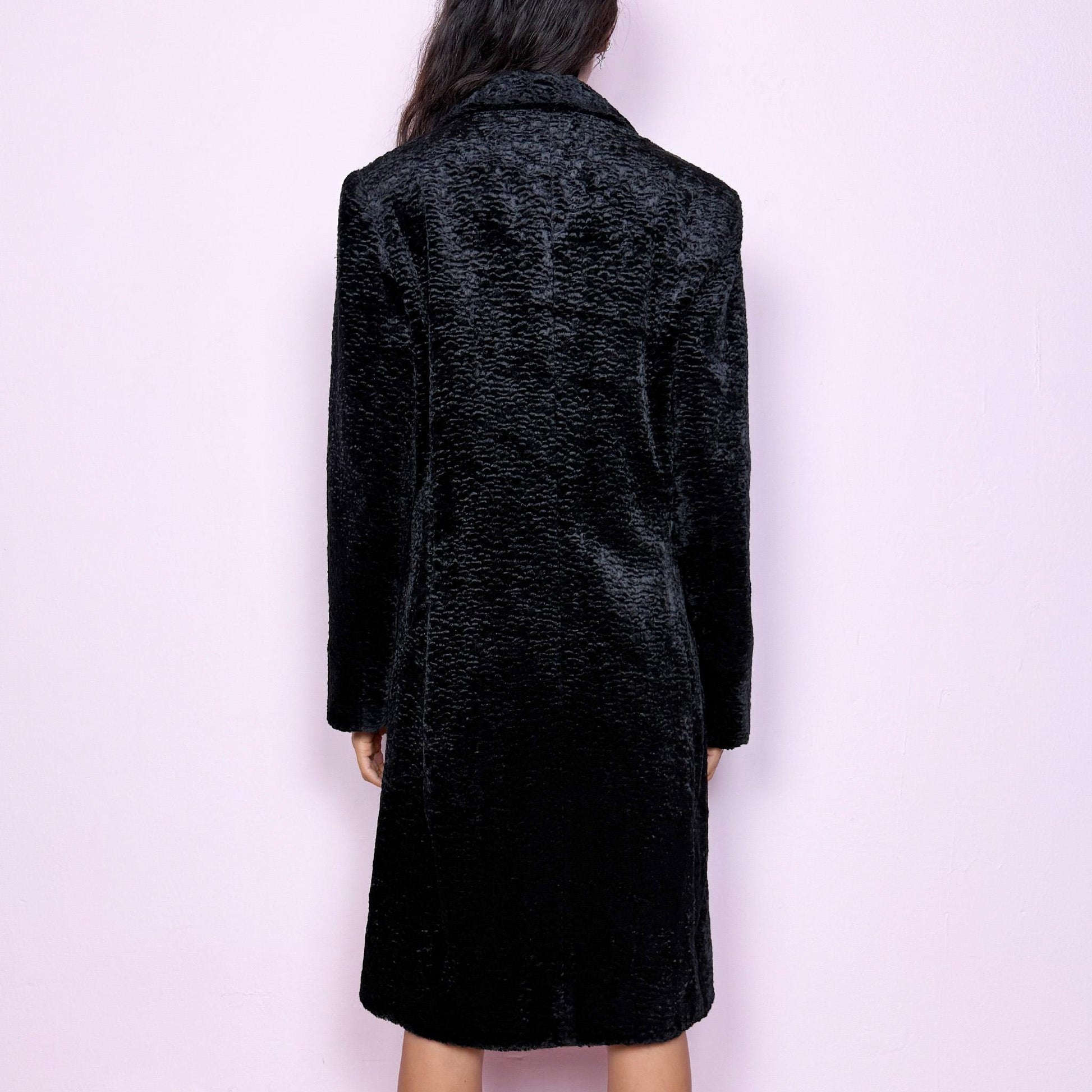 Vintage Y2K Black Coat, Faux Fur Structured Long 2000s – Size S