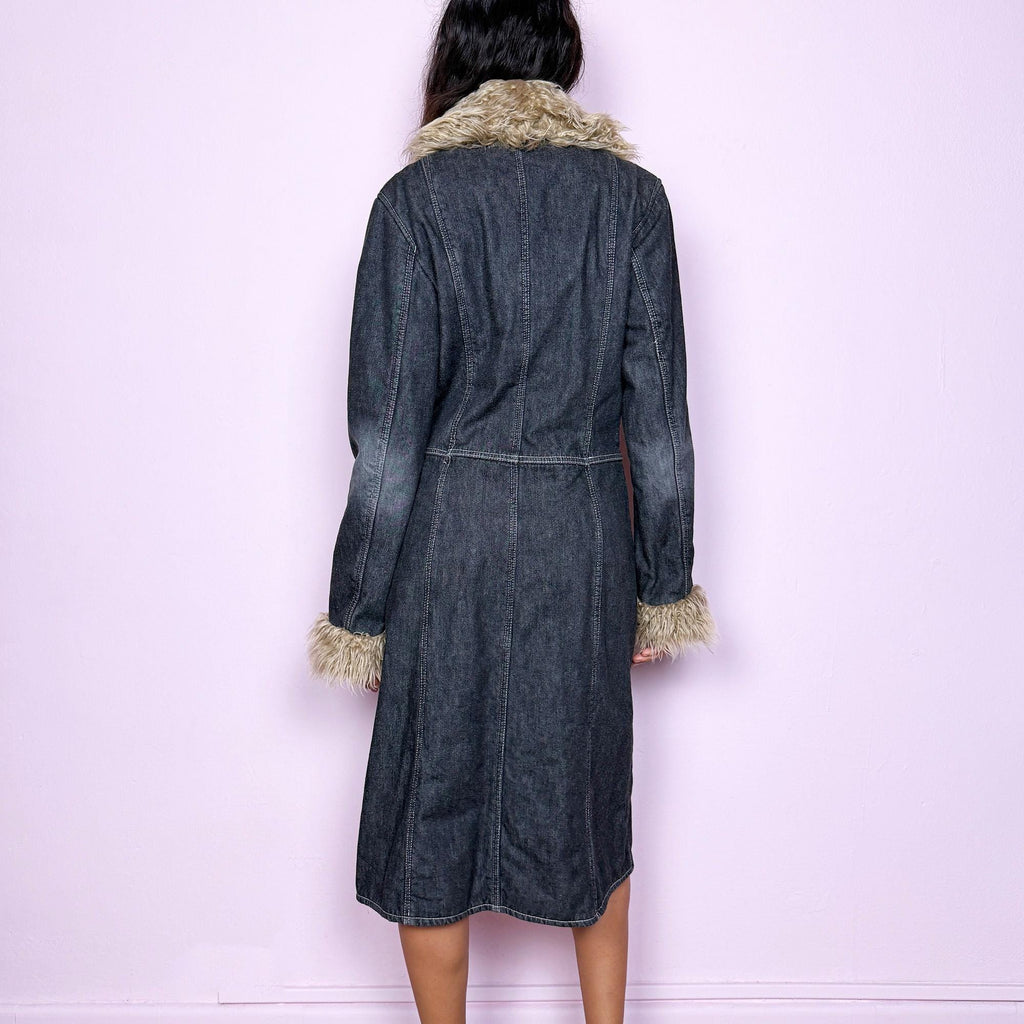 Vintage Y2K Gray Denim Faux Fur Penny Lane Long Coat – Size M