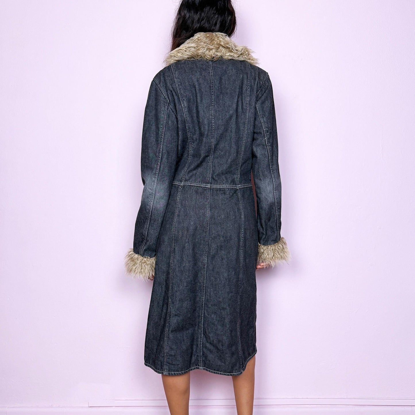 Vintage Y2K Denim Gray Faux Fur Long Penny Lane Coat – Size M