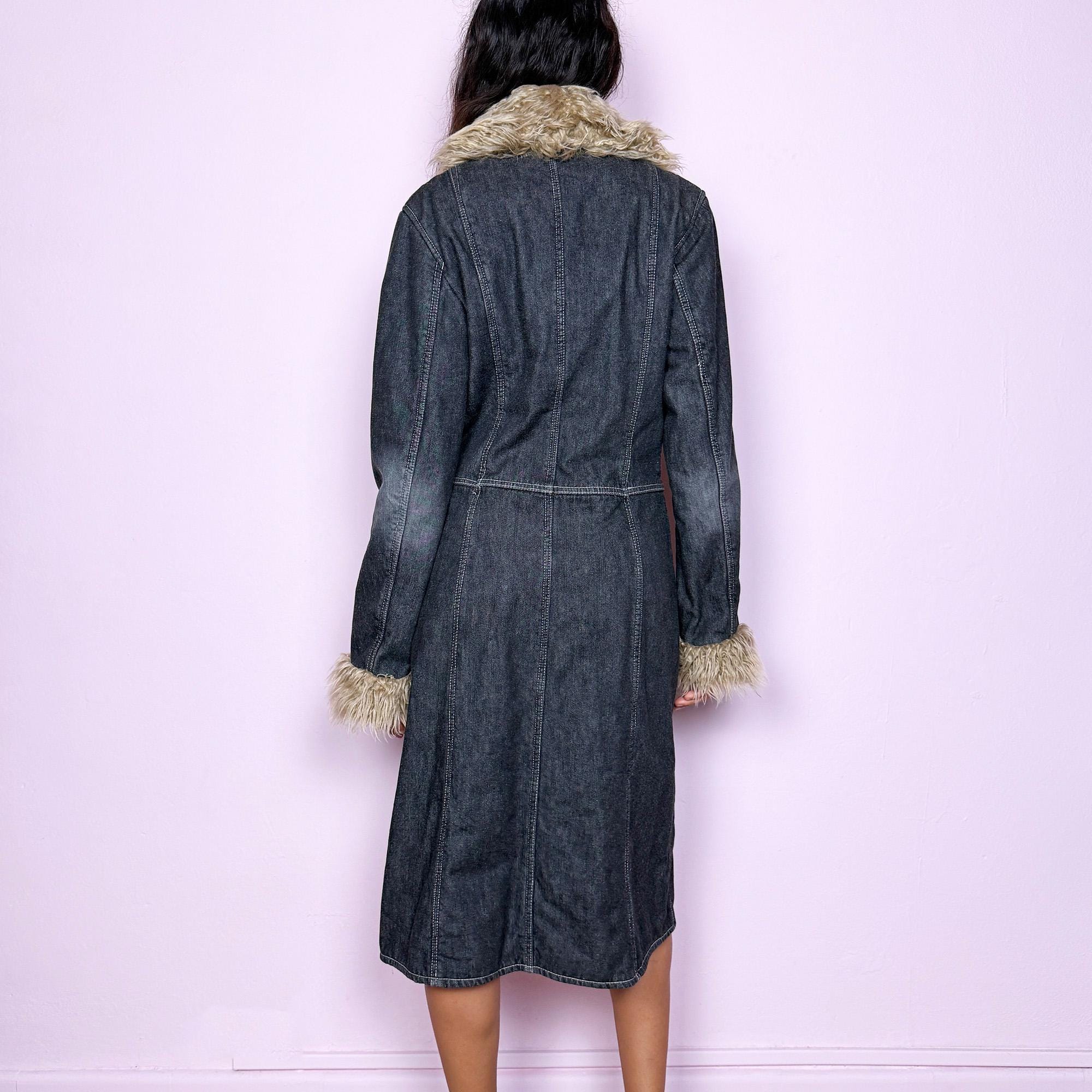 Vintage Y2K Gray Denim Faux Fur Penny Lane Long Coat – Size M