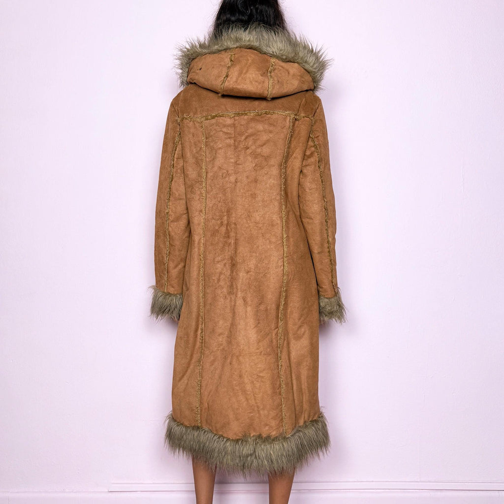 Vintage Y2K Brown Afghan Faux Fur Hooded Long Penny Lane Coat – Size M