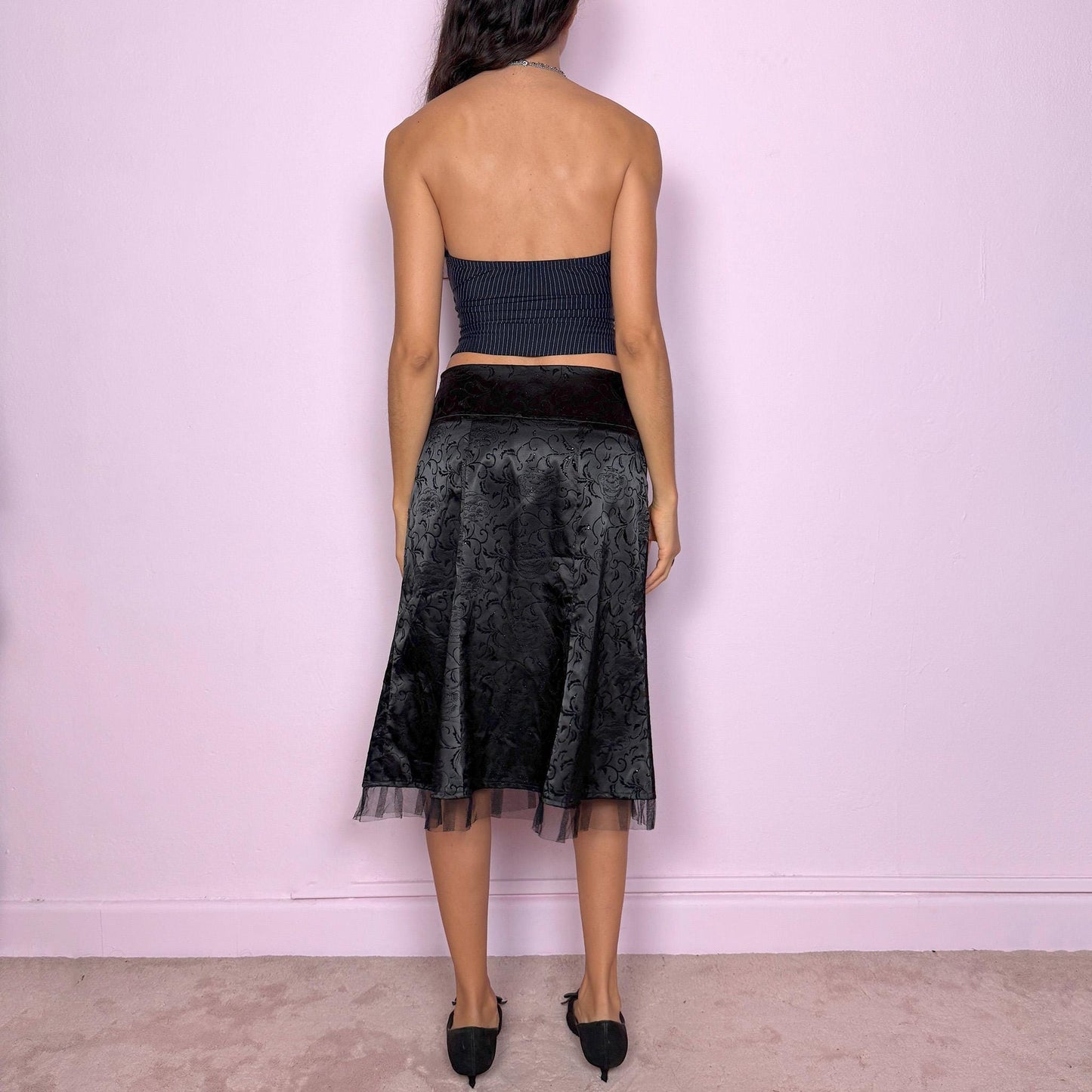 Vintage Y2K Black Satin Skirt, Velvet Floral Jacquard Tulle Hem Midi 2000s – Size M