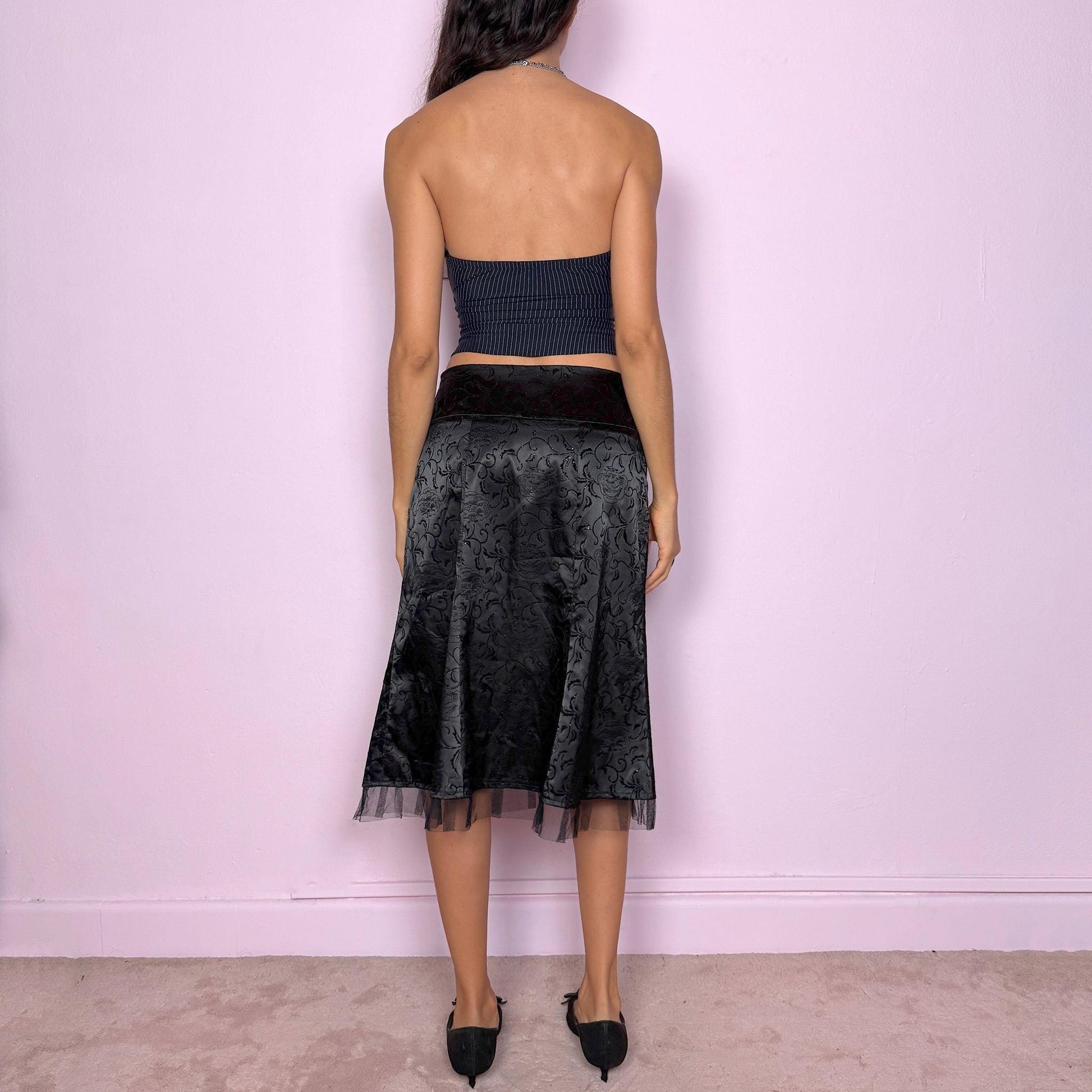 Vintage Y2K Black Satin Skirt, Velvet Floral Jacquard Tulle Hem Midi 2000s – Size M