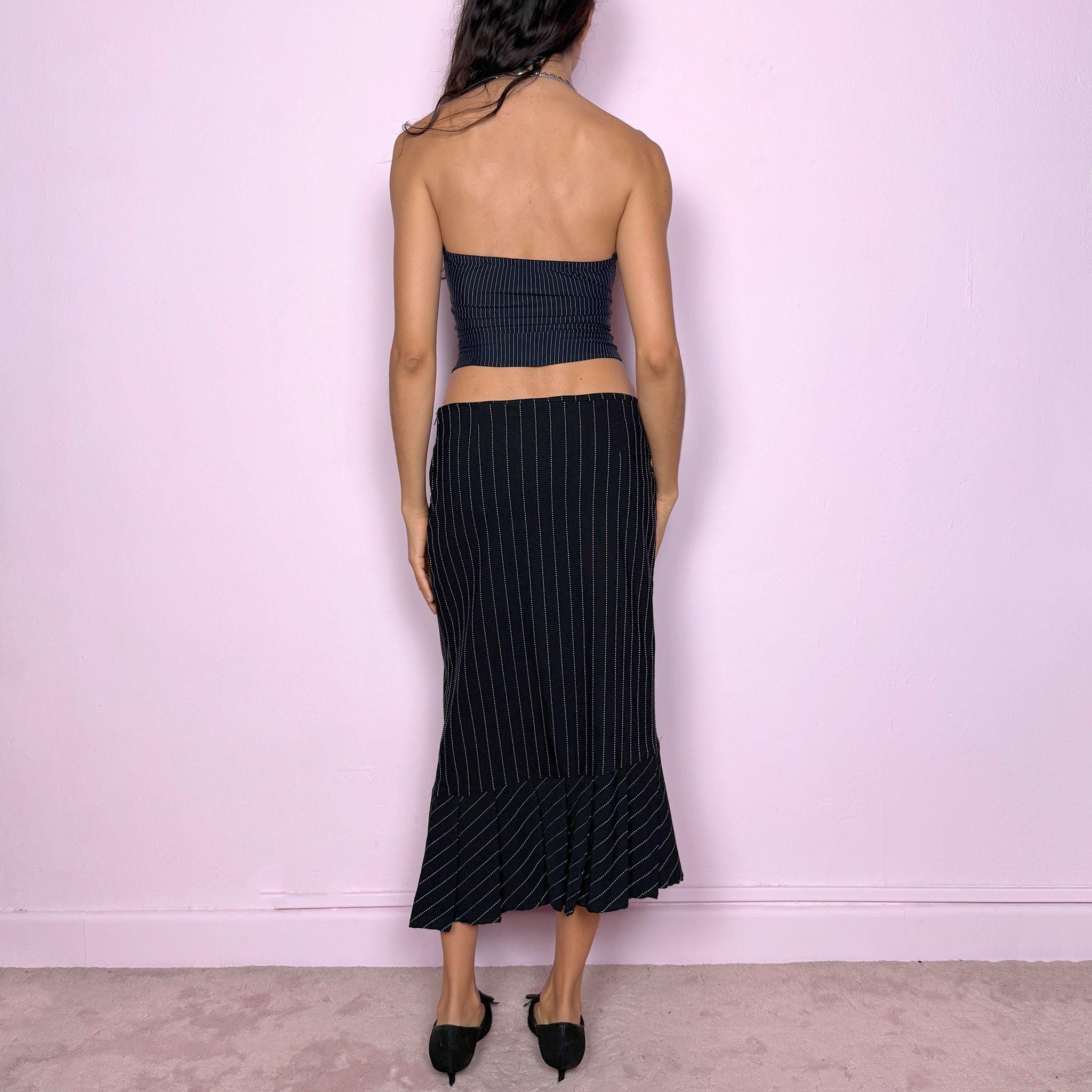 Vintage Y2K Pinstripe Midi Skirt, Black White Ruffle Hem 2000s – Size S