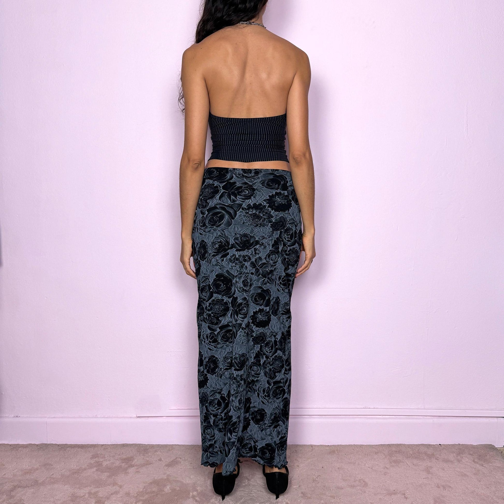 Vintage Y2K Black Gray Rose Skirt, Floral Midi 2000s – Size S