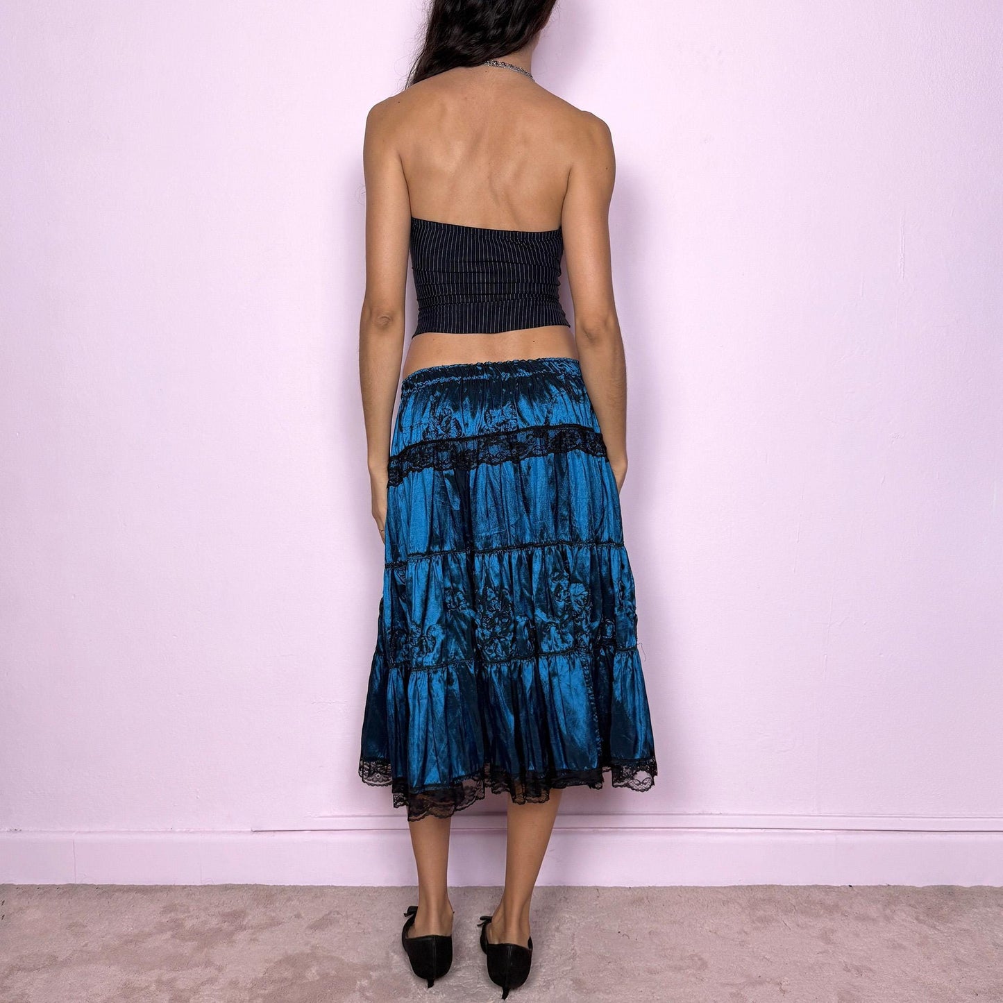 Vintage Blue Tiered Skirt, Lace Trim Midi 90s – Size S