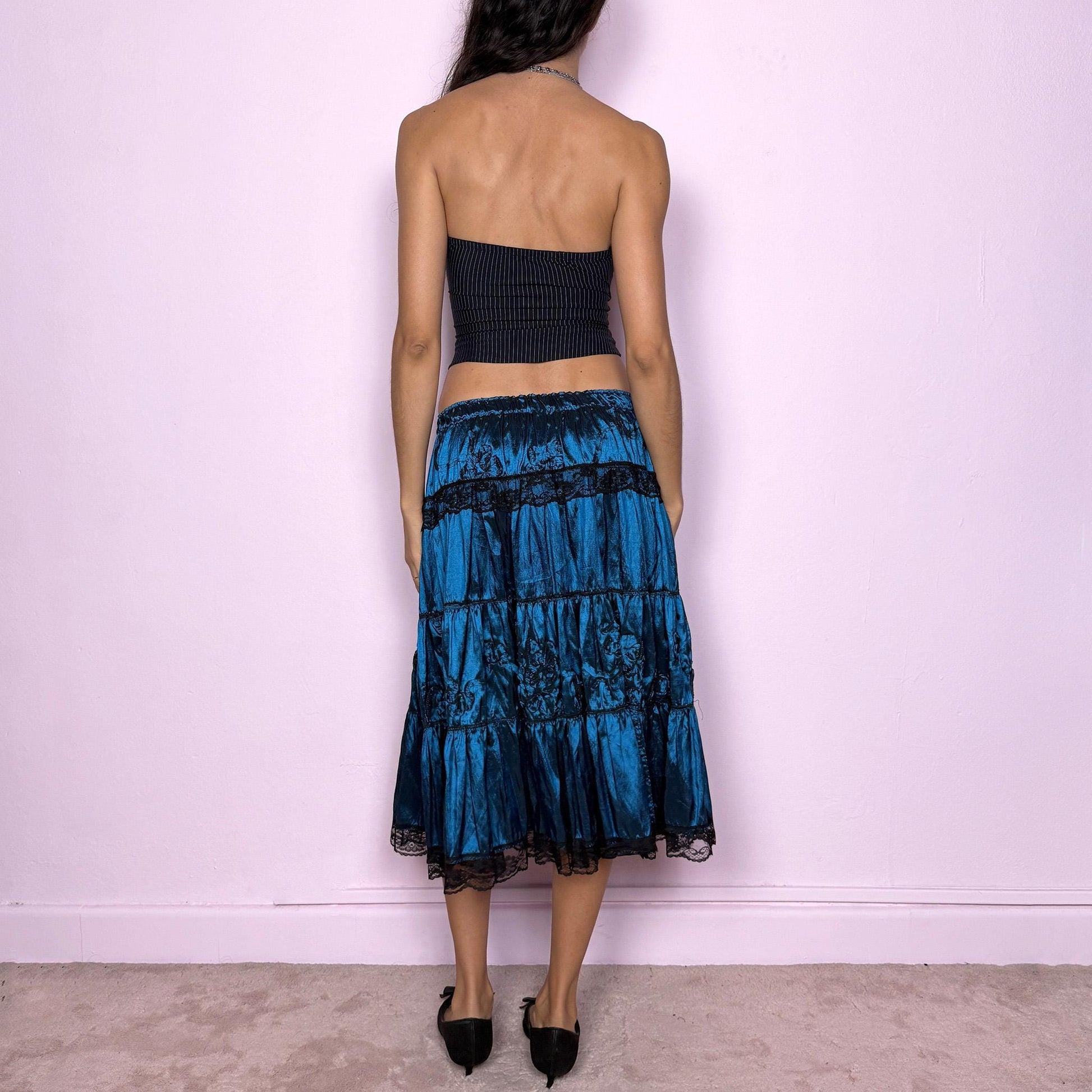 Vintage Blue Tiered Skirt, Lace Trim Midi 90s – Size S