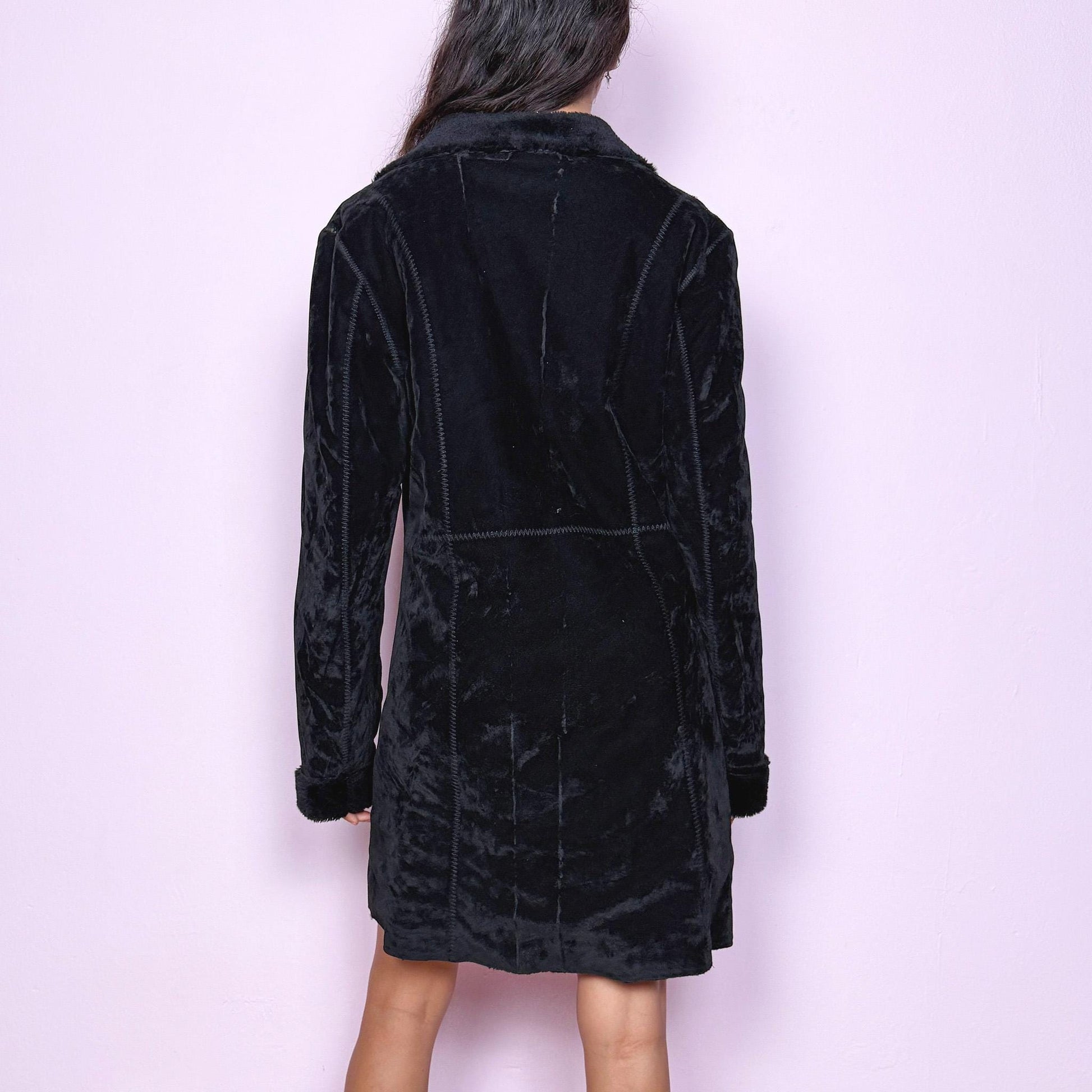 Vintage Y2K Black Coat, Faux Fur Suede Penny Lane 2000s – Size L
