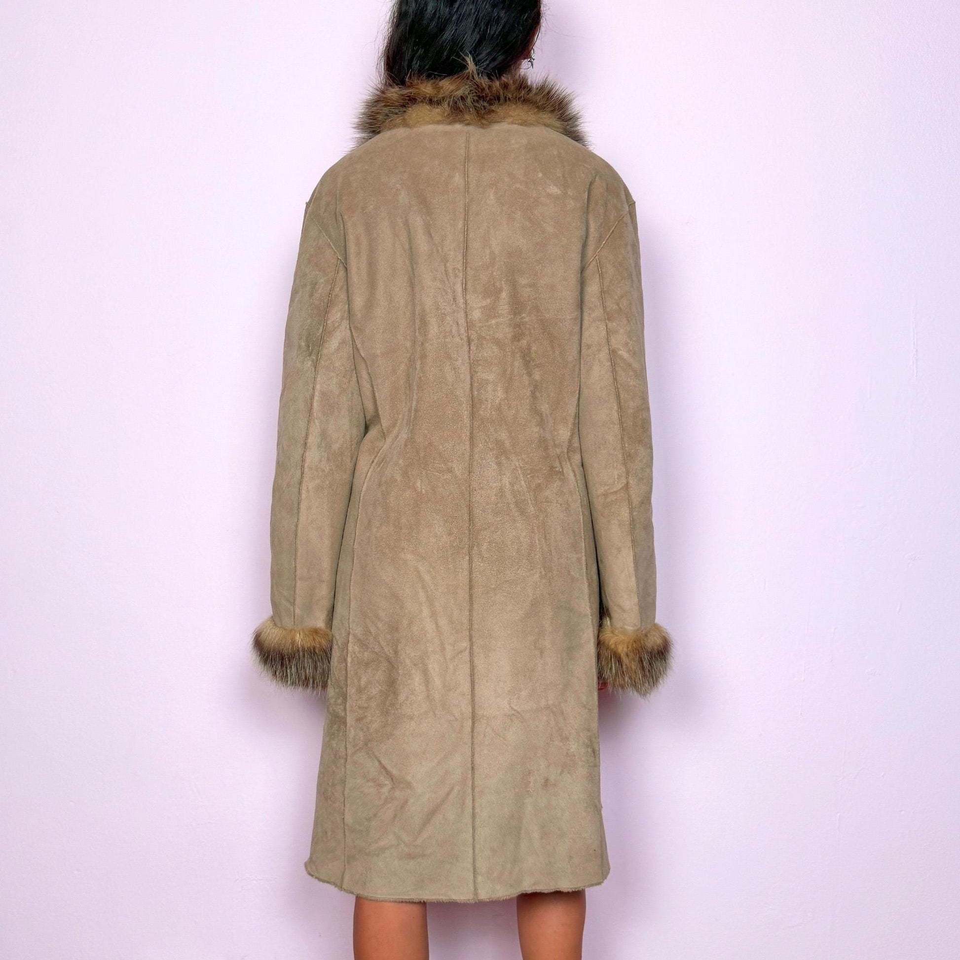 Vintage Y2K Penny Lane Coat, Beige Faux Fur Afghan Long 2000s – Size XL