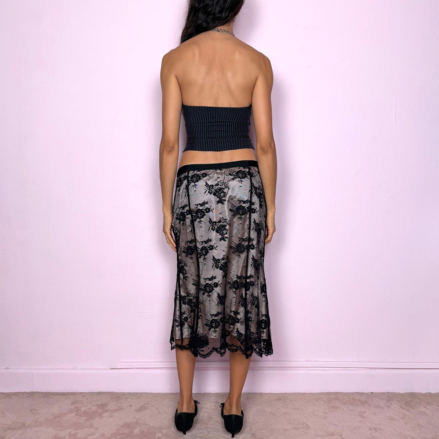 Vintage Y2K Black Lace Skirt, Sheer Overlay Midi 2000s – Size M