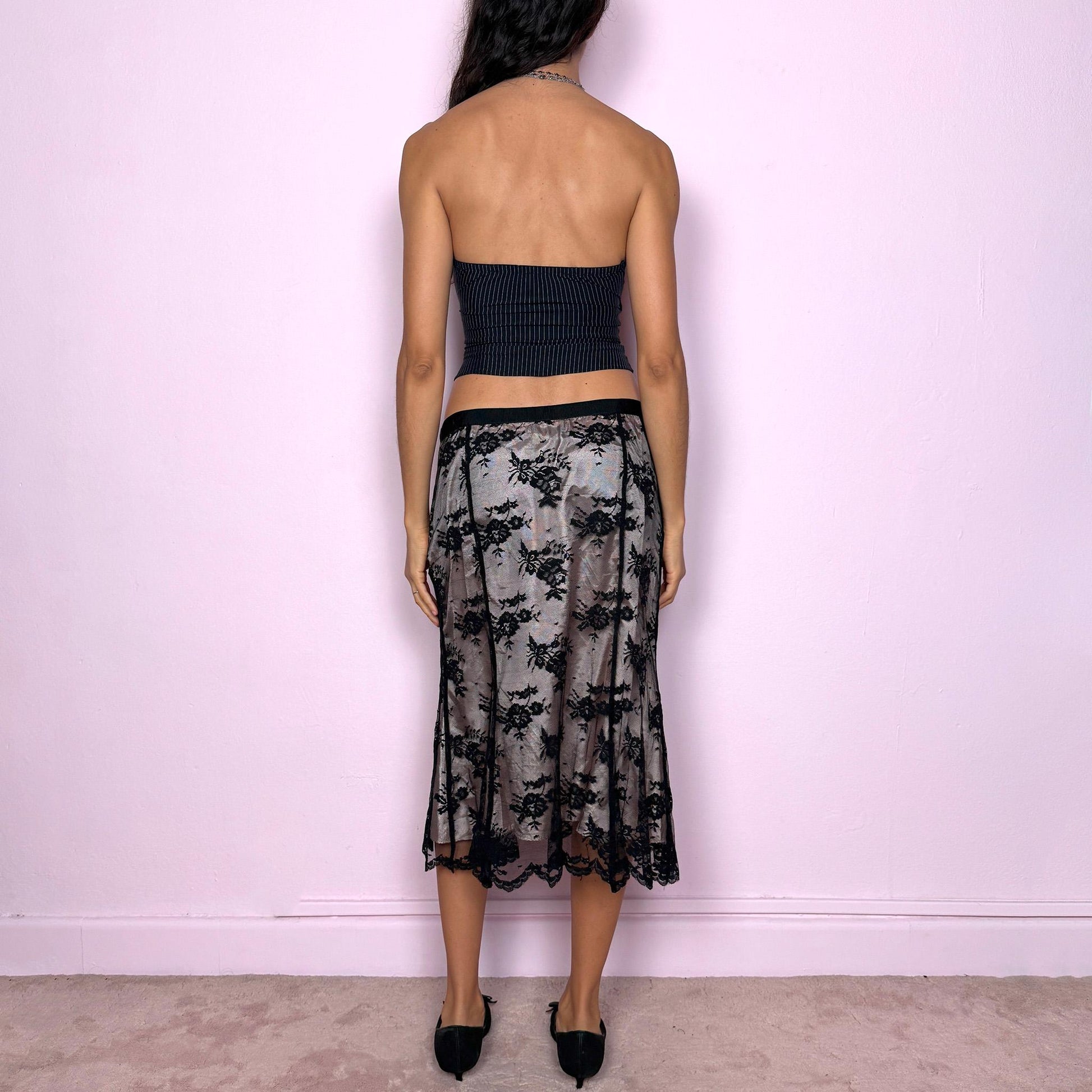 Vintage Y2K Black Lace Skirt, Sheer Overlay Midi 2000s – Size M