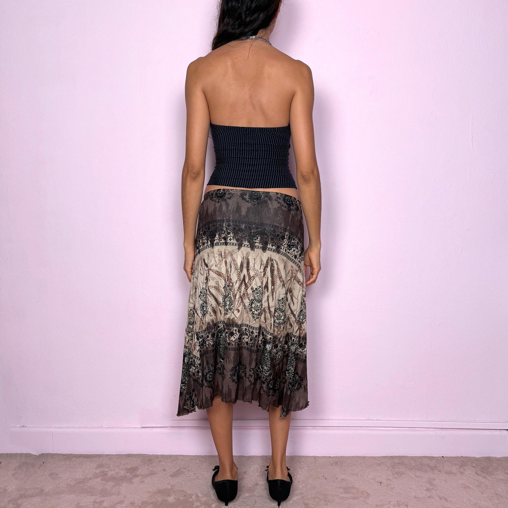 Vintage Y2K Brown Mesh Skirt, Abstract Glitter Print Midi 2000s – Size M