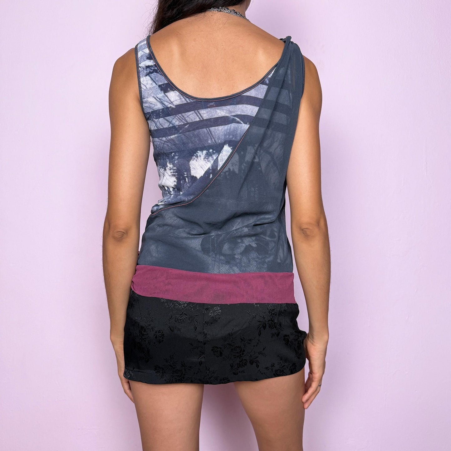 Vintage Y2K Cop Copine Top, Gray Mesh Wrap Abstract 2000s – Size M