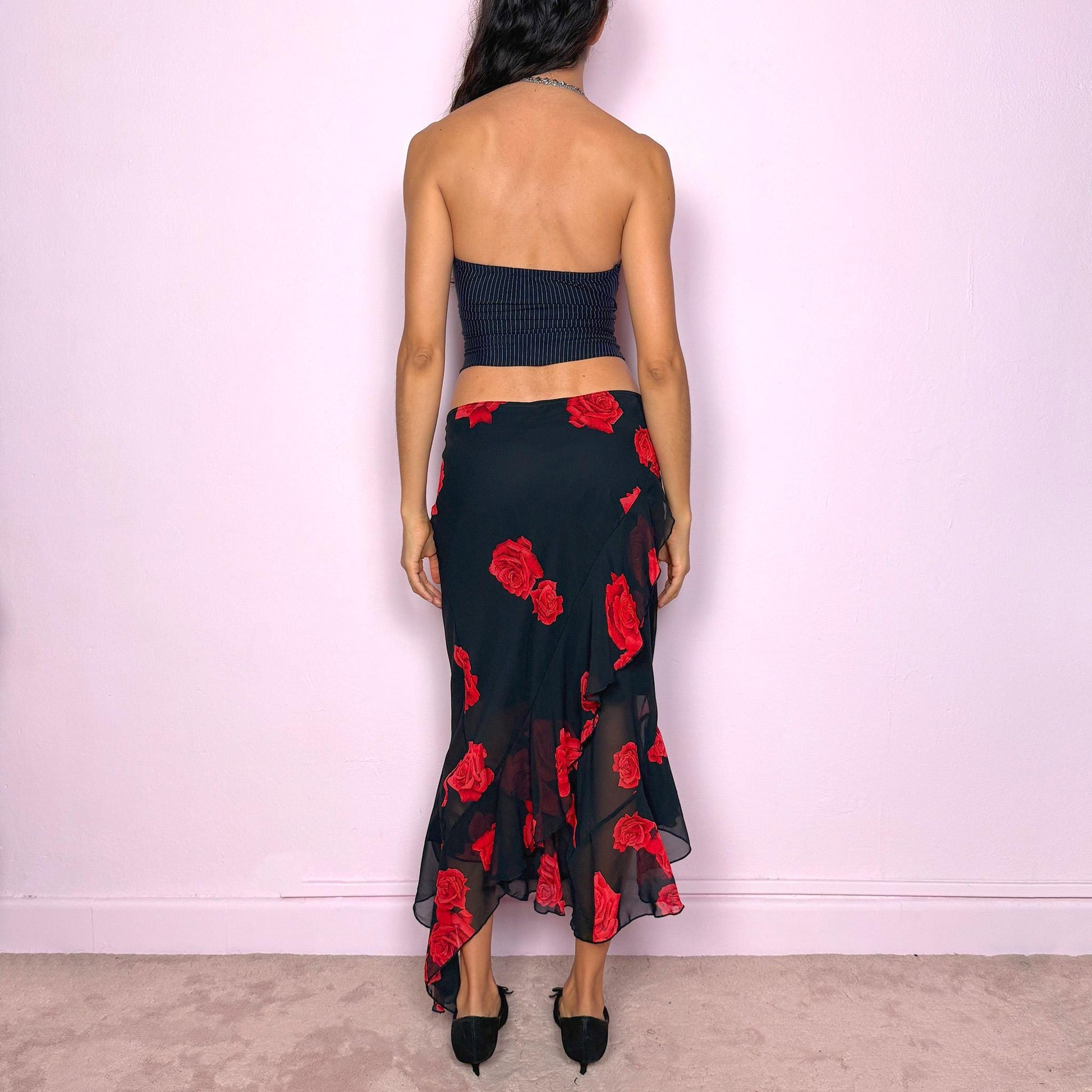 Vintage Black Rose Skirt, Ruffle Midi 90s 2000s – Size M