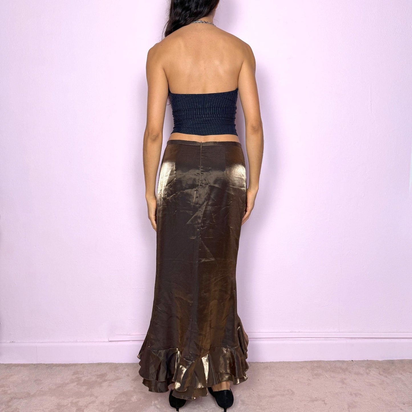 Vintage Golden Khaki Skirt, Iridescent Ruffle Midi 90s – Size S