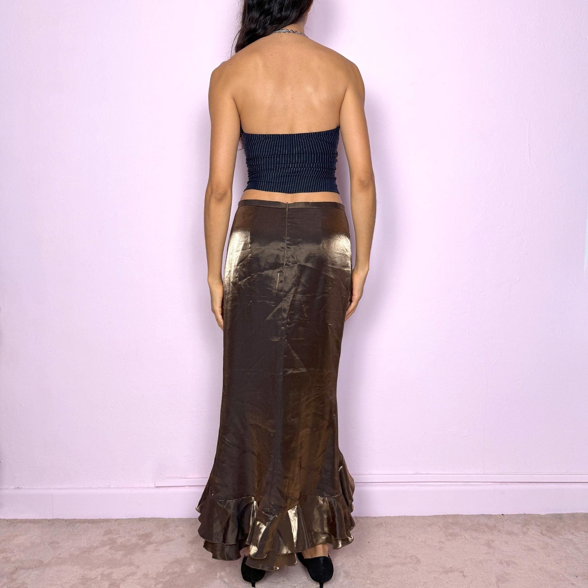 Vintage Golden Khaki Skirt, Iridescent Ruffle Midi 90s – Size S