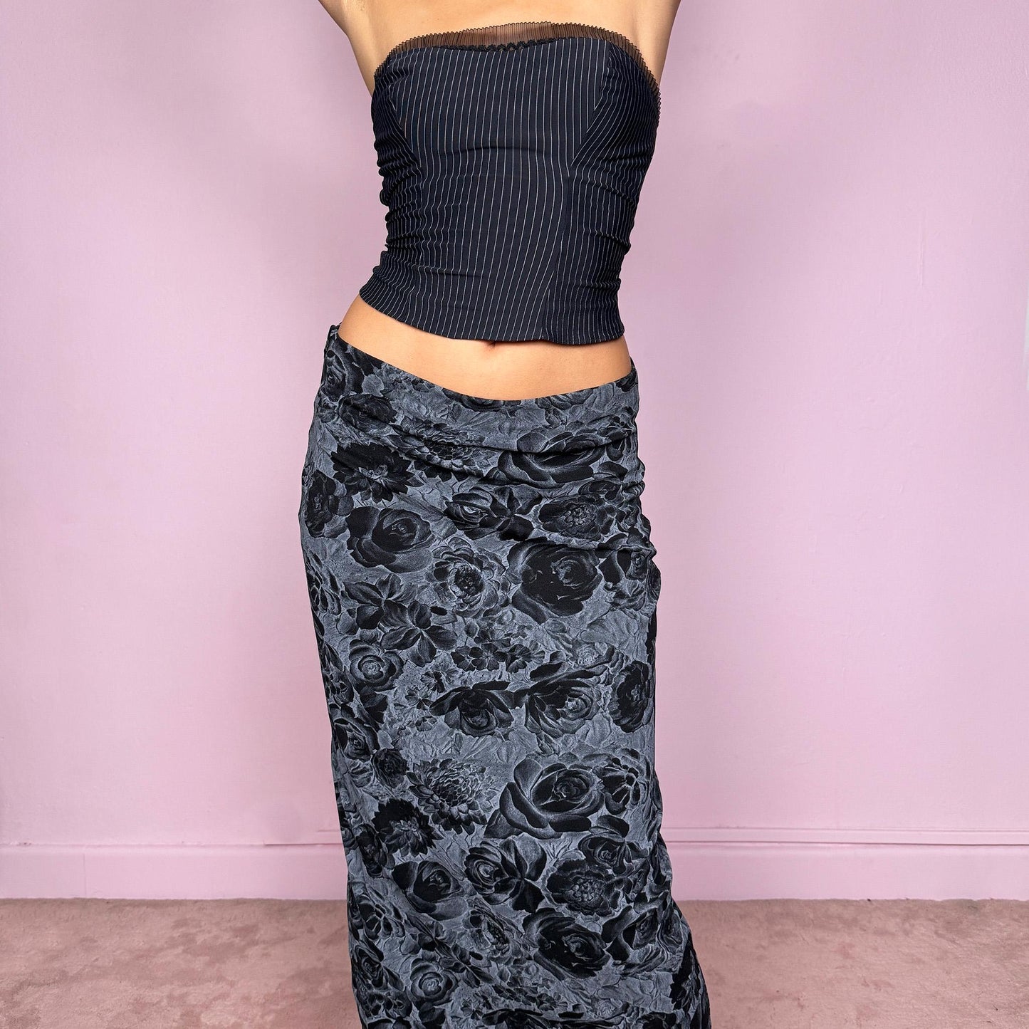 Vintage Y2K Black Gray Rose Skirt, Floral Midi 2000s – Size S