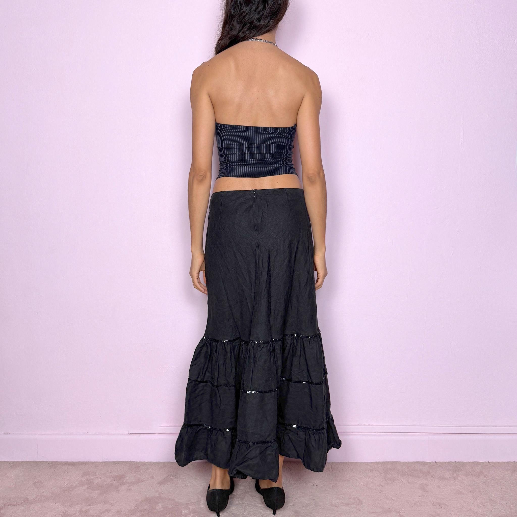 Vintage Y2K Black Linen Skirt, Tiered Ruffle Midi 2000s – Size M