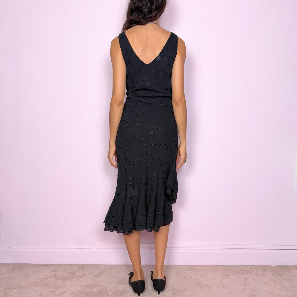 Vintage Y2K Black Dress, Floral Embroidered Midi Ruffle Hem 2000s – Size M