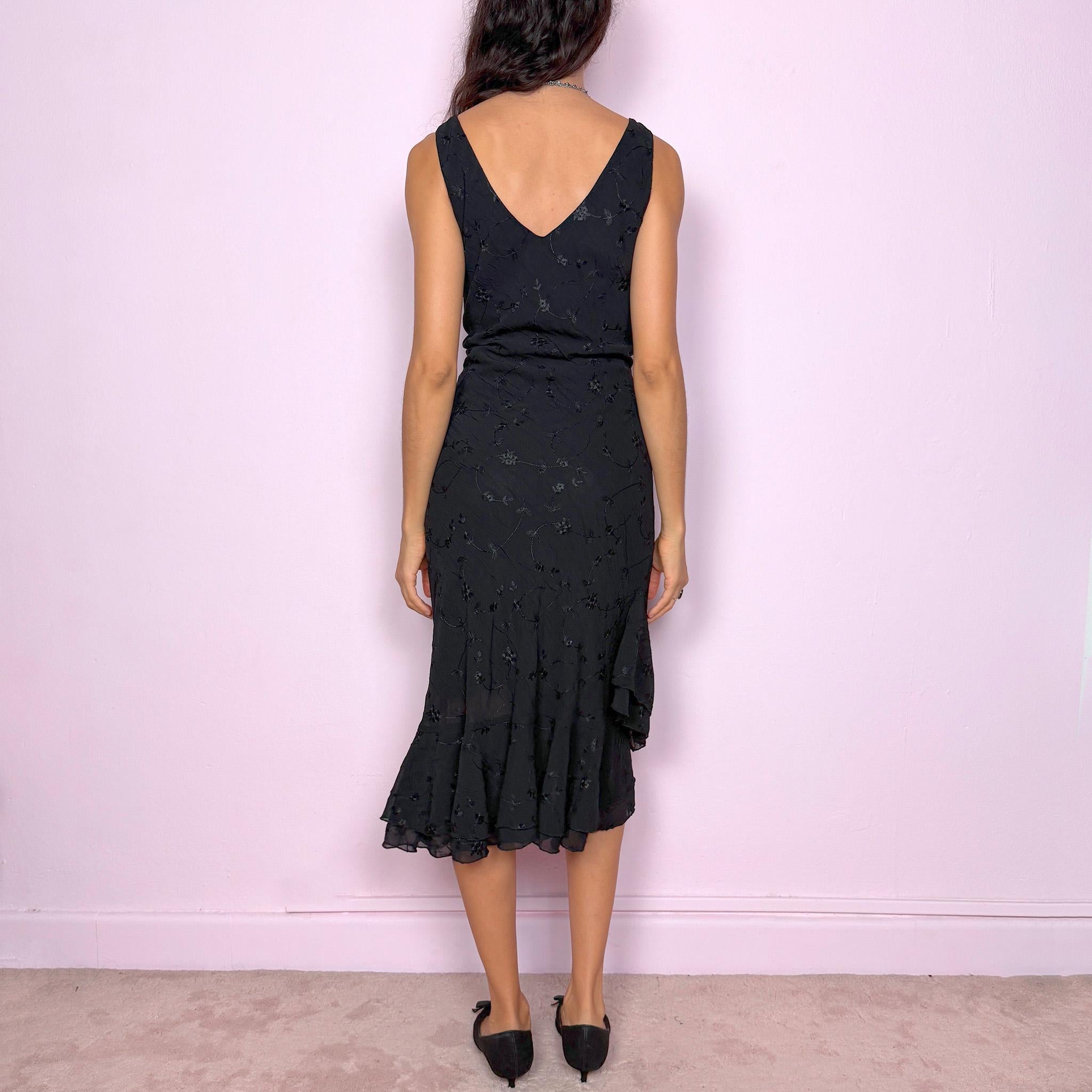 Vintage Y2K Black Dress, Floral Embroidered Midi Ruffle Hem 2000s – Size M