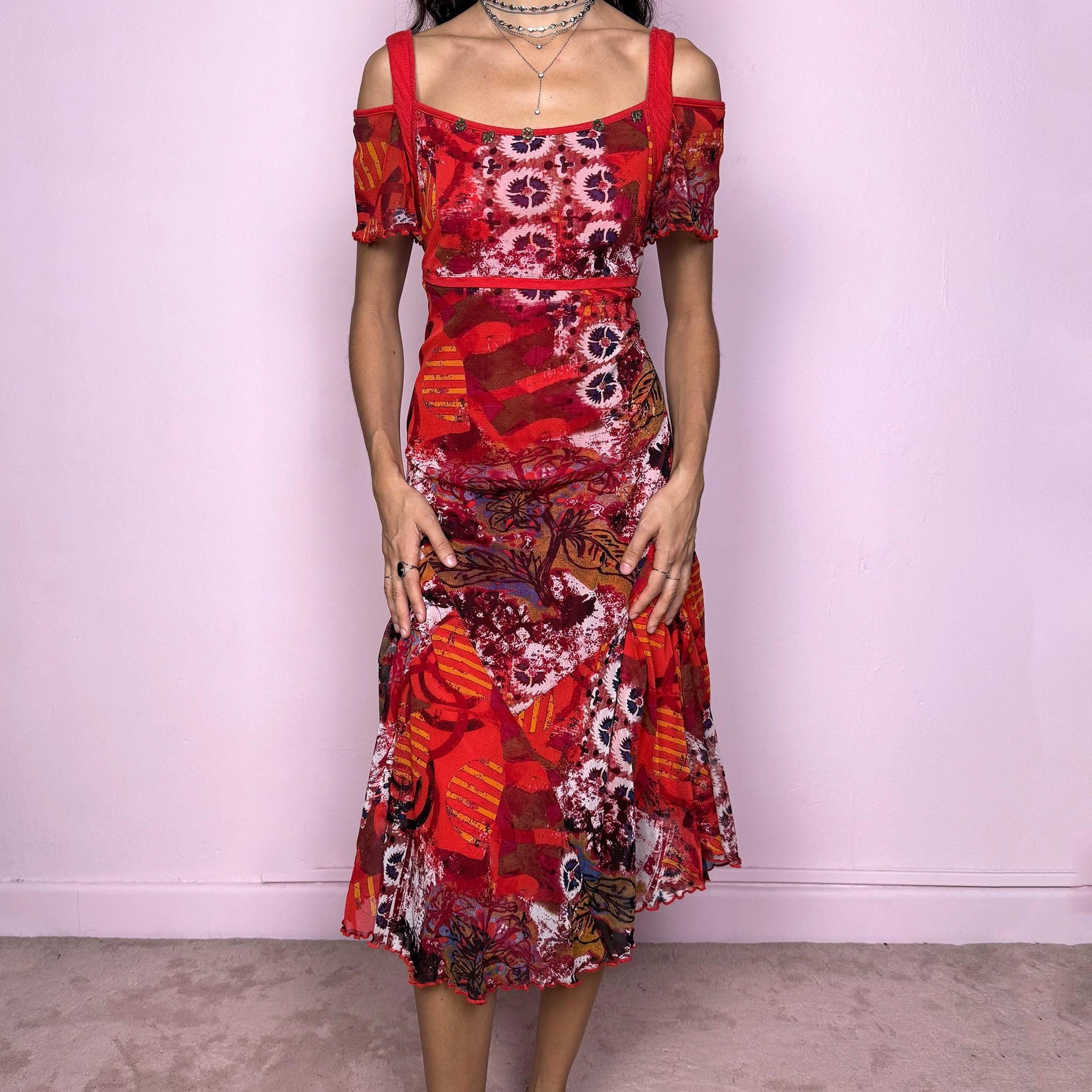 Unique statement vintage 2000s red multicolored abstract graphic-print midi dress featuring a semi-sheer mesh overlay, red lining and cut-out shoulder short sleeves. Ideal for a colorful party look or a pop-color casual everyday outfit, with a weird-girl artistic aesthetic. Made from a stretchy polyamide viscose blend. Great vintage condition.
