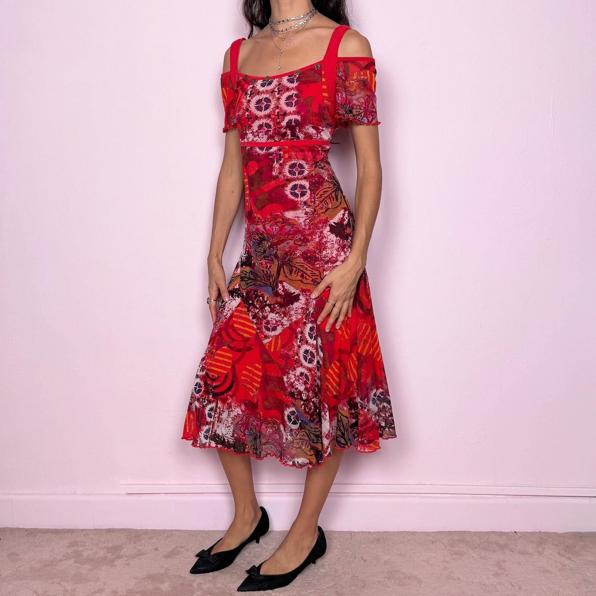 Unique statement vintage 2000s red multicolored abstract graphic-print midi dress featuring a semi-sheer mesh overlay, red lining and cut-out shoulder short sleeves. Ideal for a colorful party look or a pop-color casual everyday outfit, with a weird-girl artistic aesthetic. Made from a stretchy polyamide viscose blend. Great vintage condition.