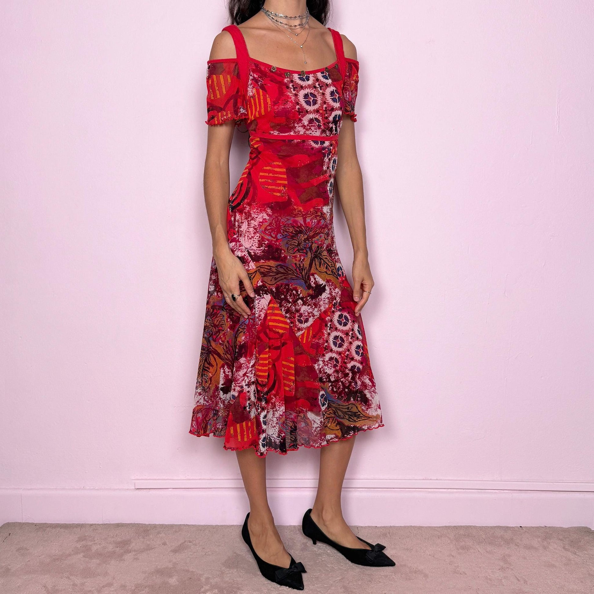 Unique statement vintage 2000s red multicolored abstract graphic-print midi dress featuring a semi-sheer mesh overlay, red lining and cut-out shoulder short sleeves. Ideal for a colorful party look or a pop-color casual everyday outfit, with a weird-girl artistic aesthetic. Made from a stretchy polyamide viscose blend. Great vintage condition.