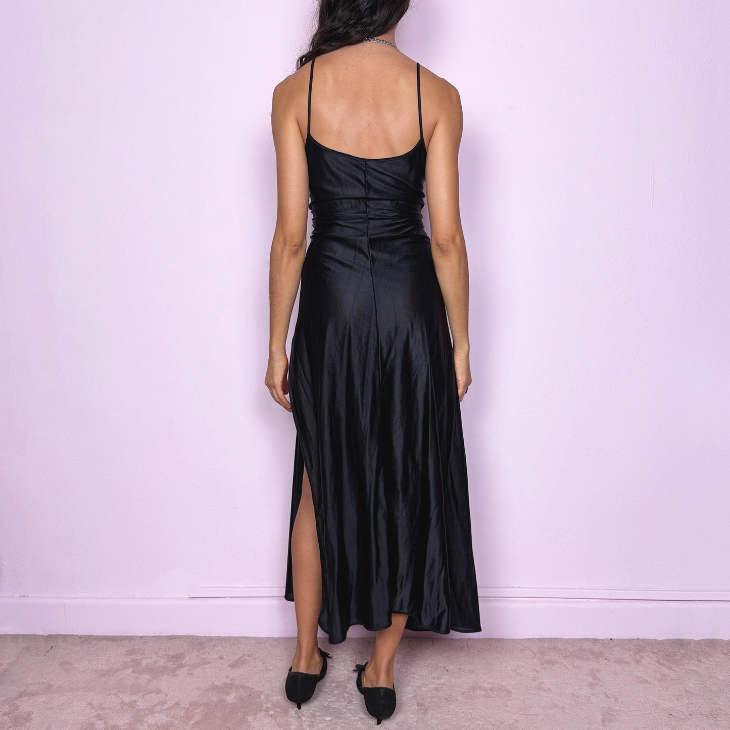 Vintage Black Slip Dress, Lace Midi Slit – Size XL