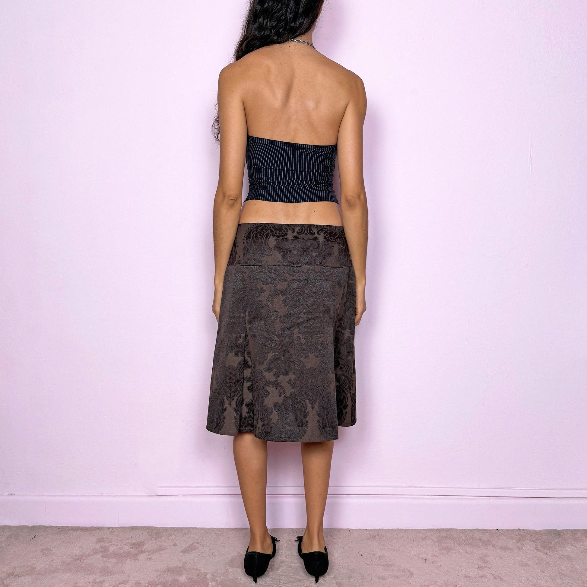 Vintage Y2K Brown Brocade Skirt, Jacquard Pleated Midi 2000s – Size M