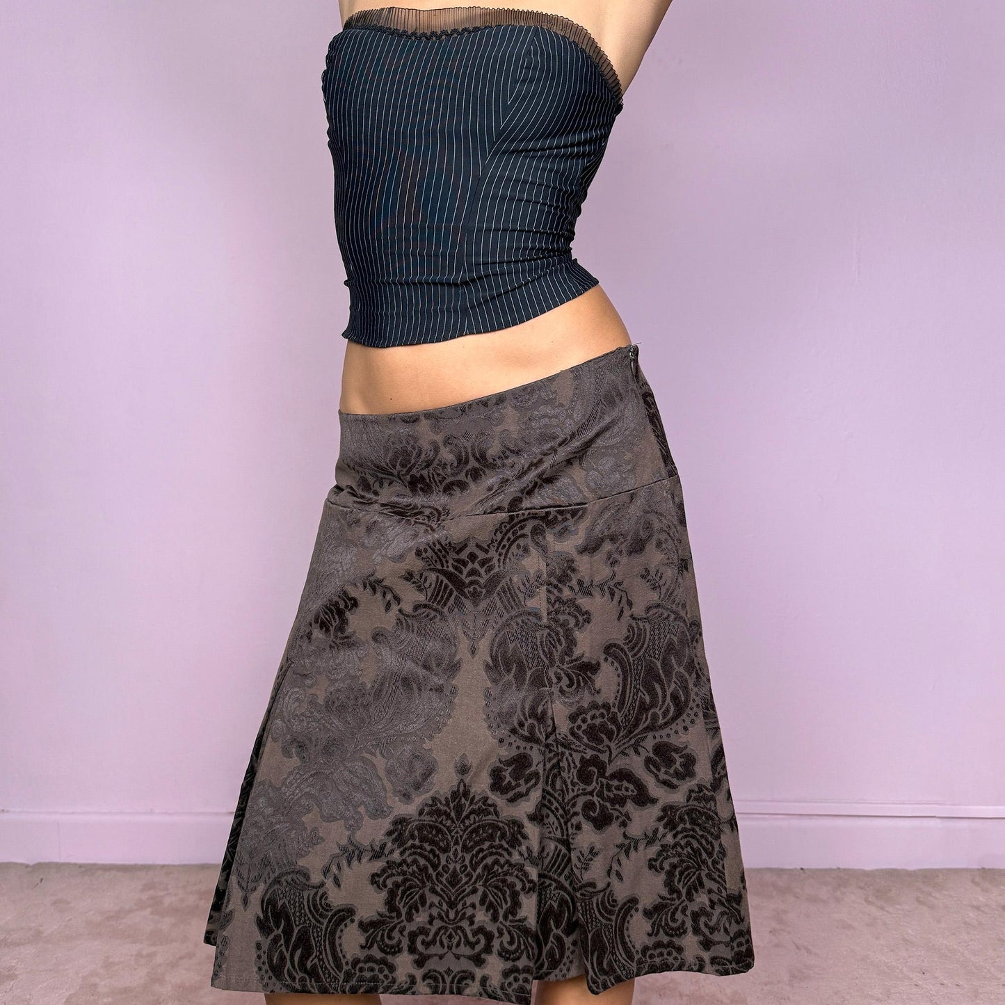 Vintage Y2K Brown Brocade Skirt, Jacquard Pleated Midi 2000s – Size M