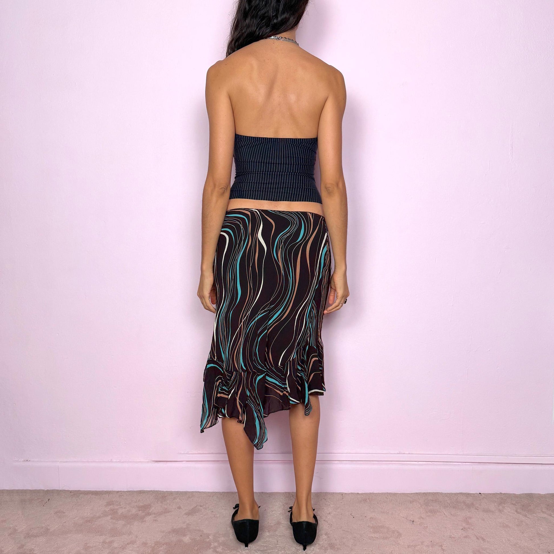 Vintage Y2K Brown Trumpet Skirt, Wave Print Asymmetrical Midi 2000s – Size S