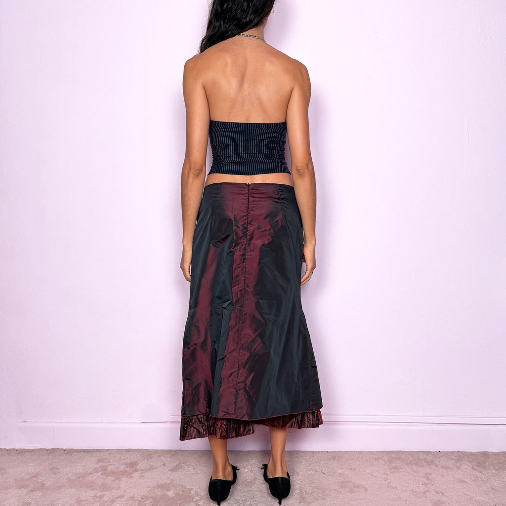 Vintage Y2K Maroon Burgundy Skirt, Layered Patchwork Ruched Ruffle Midi 2000s – Size M