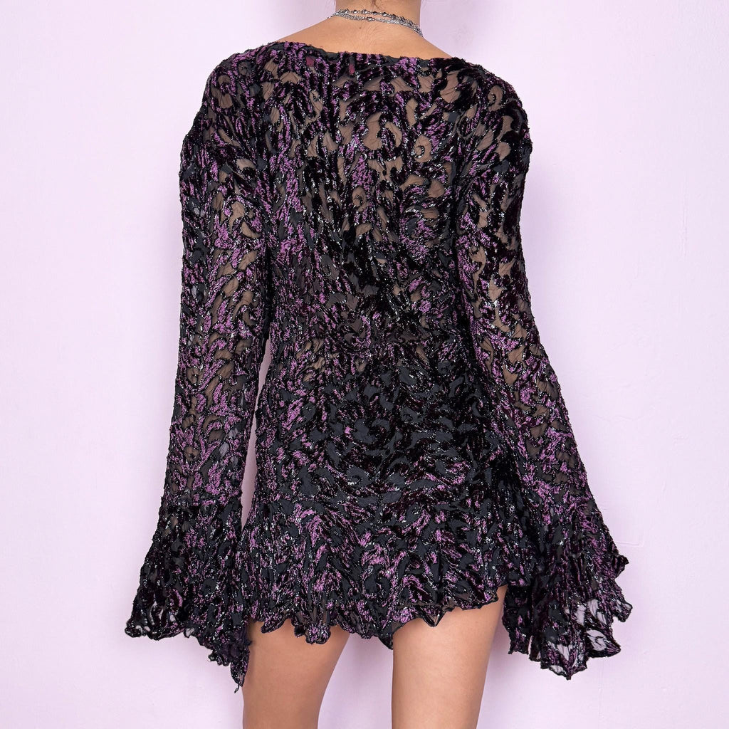 Vintage Y2K Velvet Top, Purple Black Devoré Burnout Sheer Bell Sleeve 2000s – Size XL