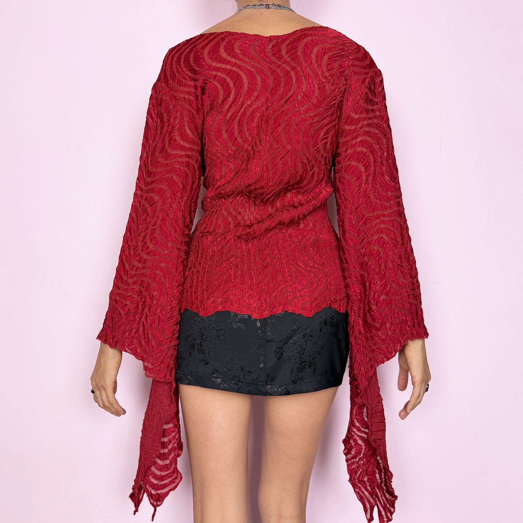 Vintage Y2K Red Blouse, Sheer Burnout Bell Sleeve 2000s – Size M
