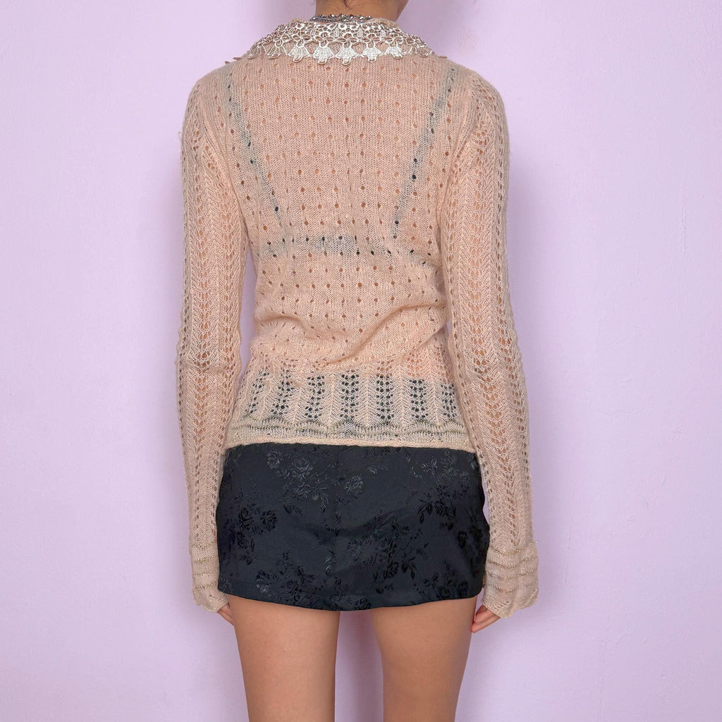 Vintage Y2K Pink Cardigan, Open Knit Lace Collar Tie Front 2000s – Size L