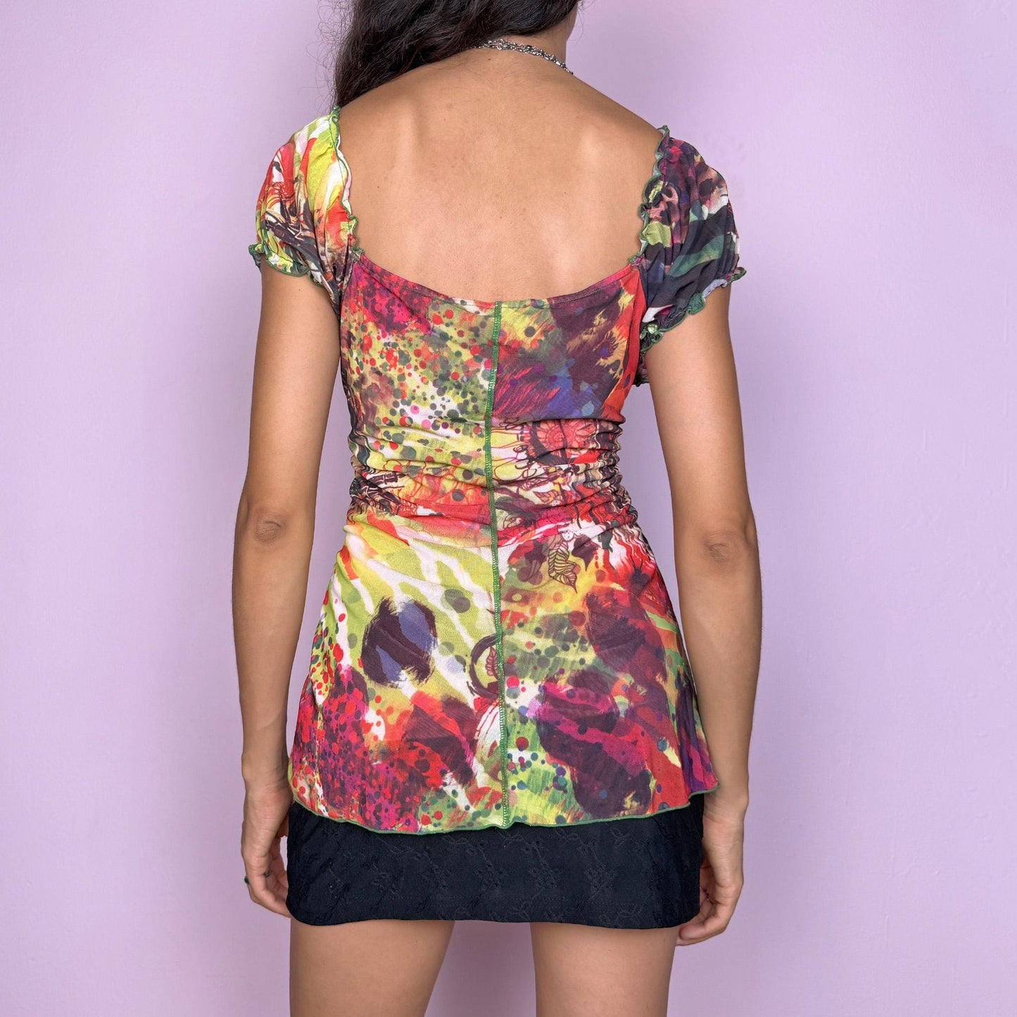 Vintage Y2K Mesh Top, Sheer Abstract Graphic Ruched Bust 2000s – Size L